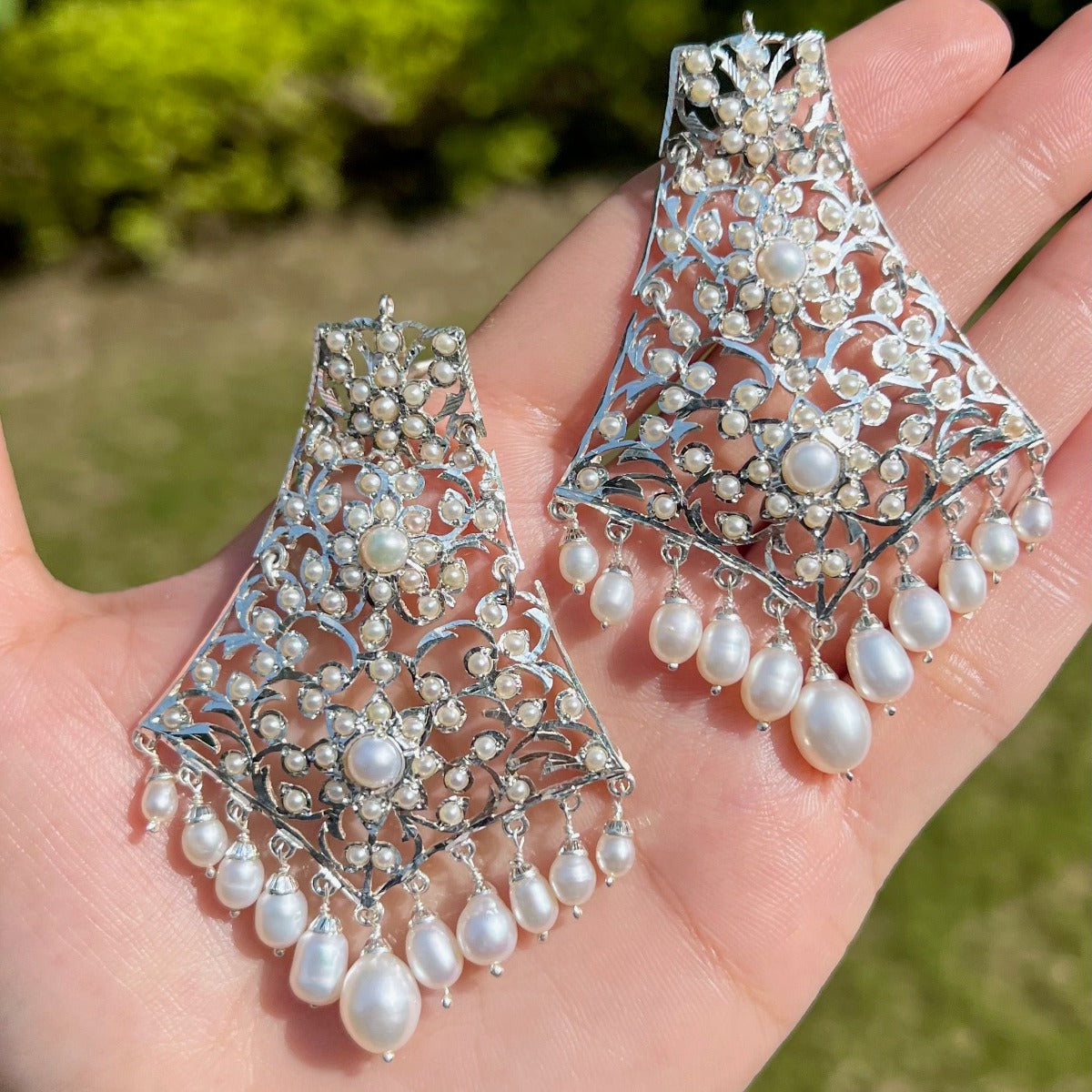 bohemian silver earrings with pearls