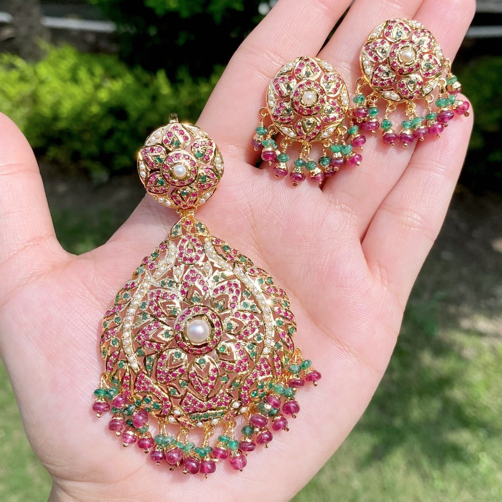 Gold Plated Jadau Locket Set | 925 Silver Gold Plated | Multicolored Set PS 103