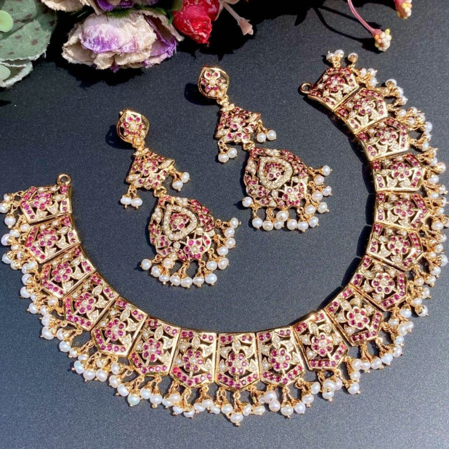 gold plated ruby pearl jadau necklace set