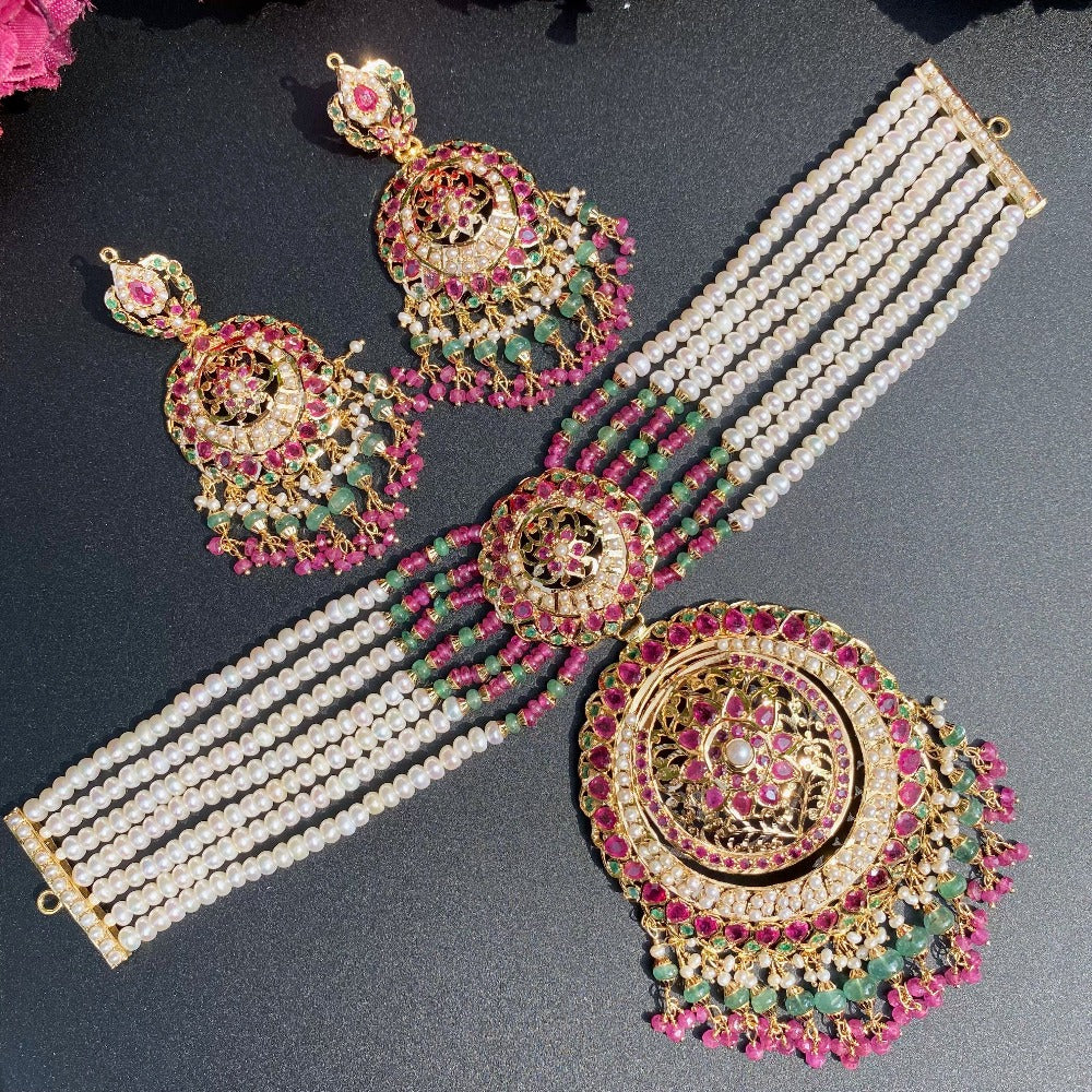 Bridal Mughal Design Choker Necklace Set in 22k Gold Studded with Ruby, Emerald & Pearls GNS 203