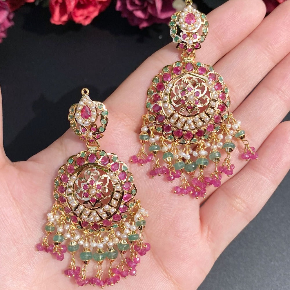 mughal design gold earrings with ruby emerald pearl