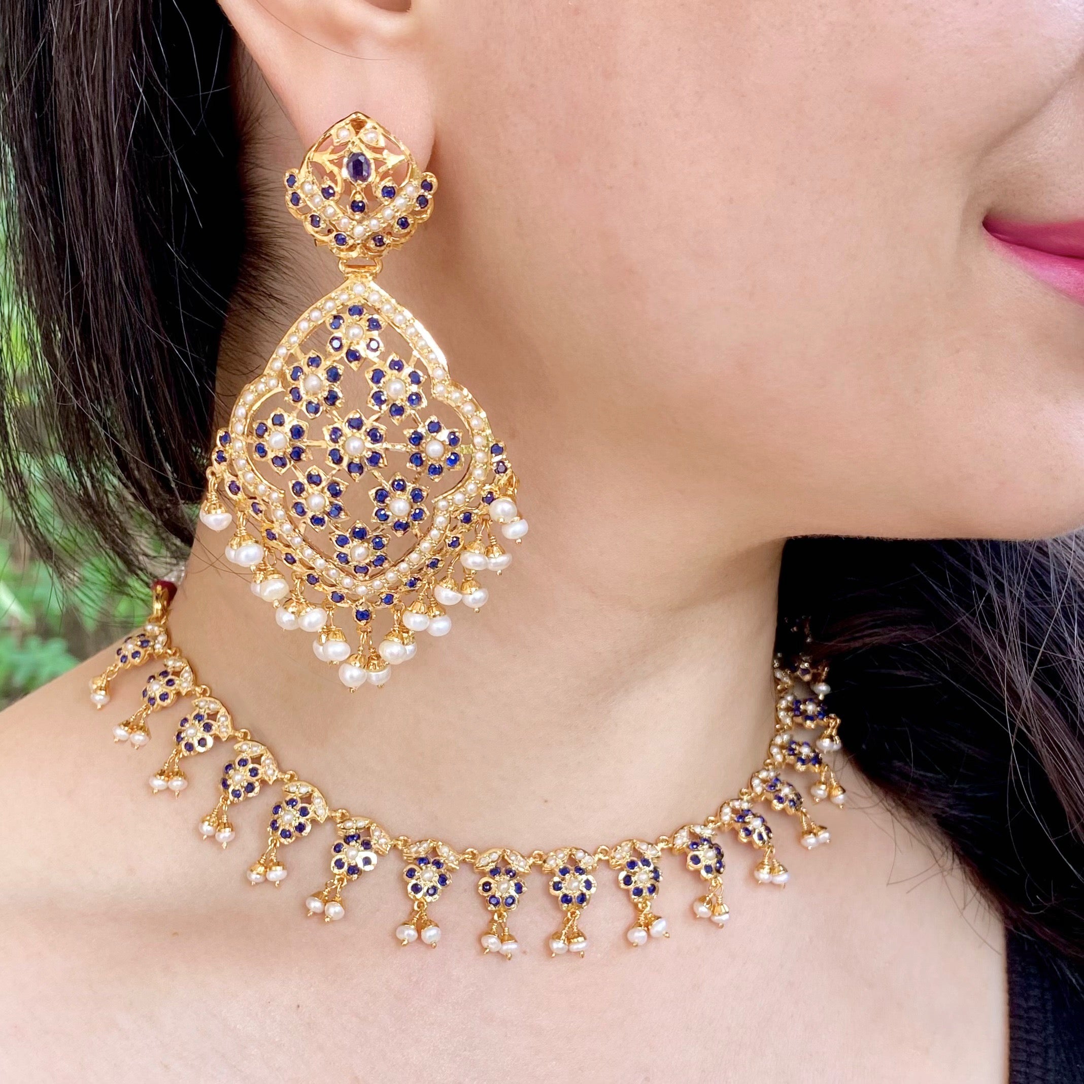 Dainty Neelam Necklace | Statement Floral Earrings | For Women NS 337