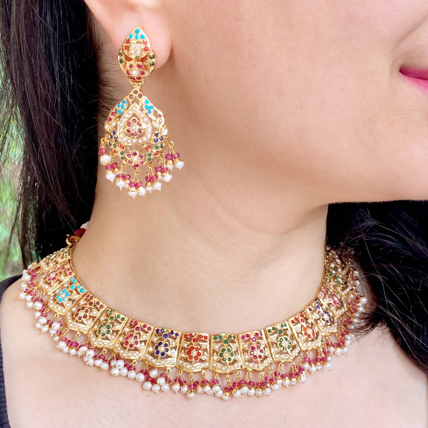 hyderabadi navratna necklace with real pearls