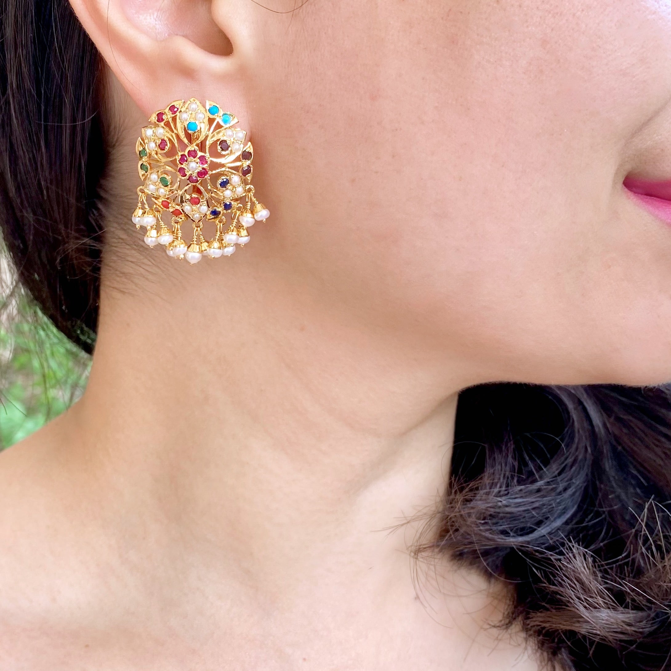 Gold Plated Navratna Stud Earrings | Jadau Jewelry ER 122