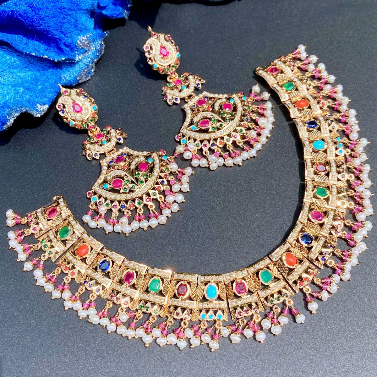 bridal navratna necklace set in gold plated silver