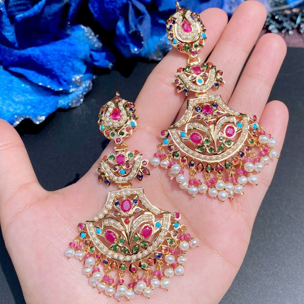punjabi jadau earrings in navrattan colours