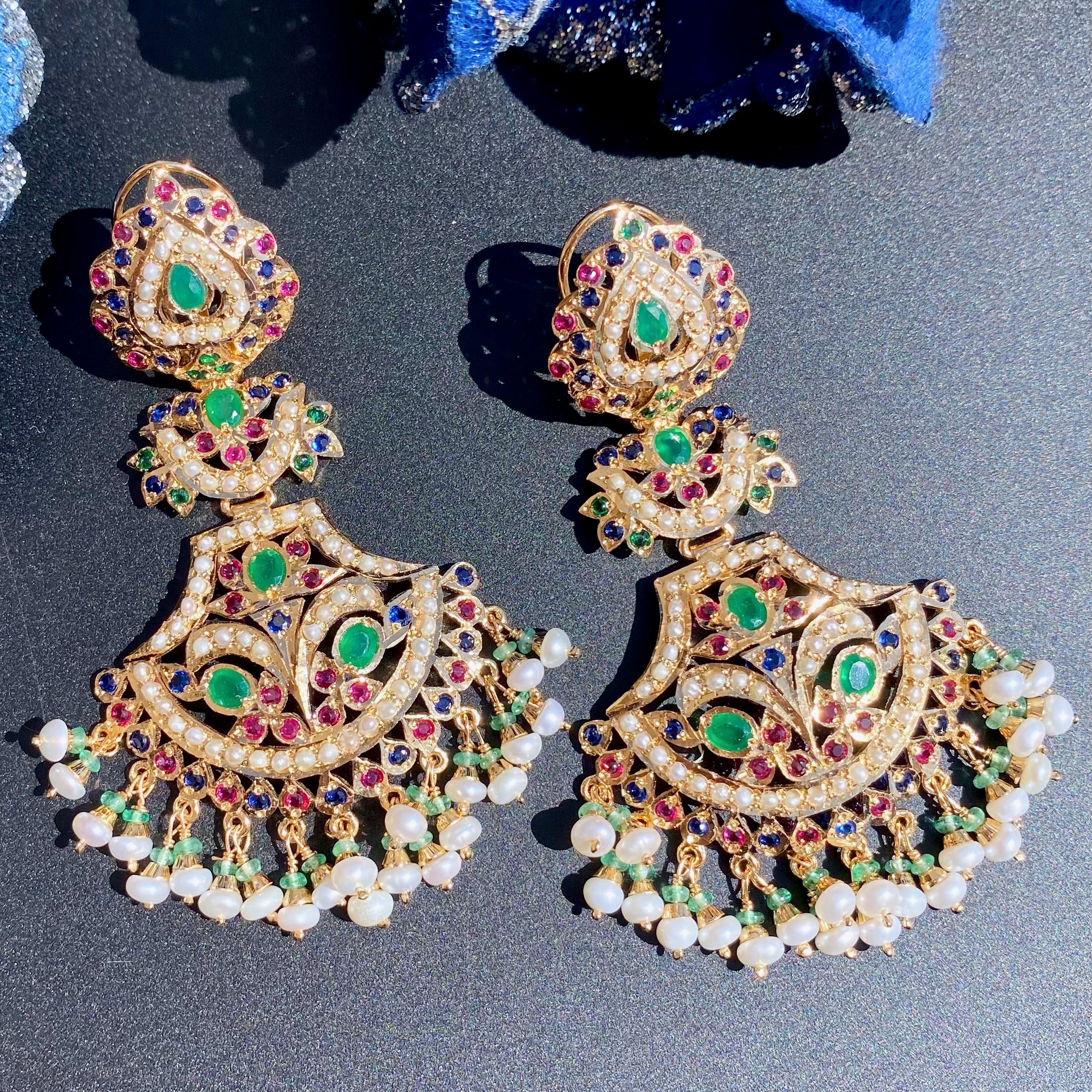 Multicolored Jadau Danglers | Gold Plated on Sterling Silver Base ER 684