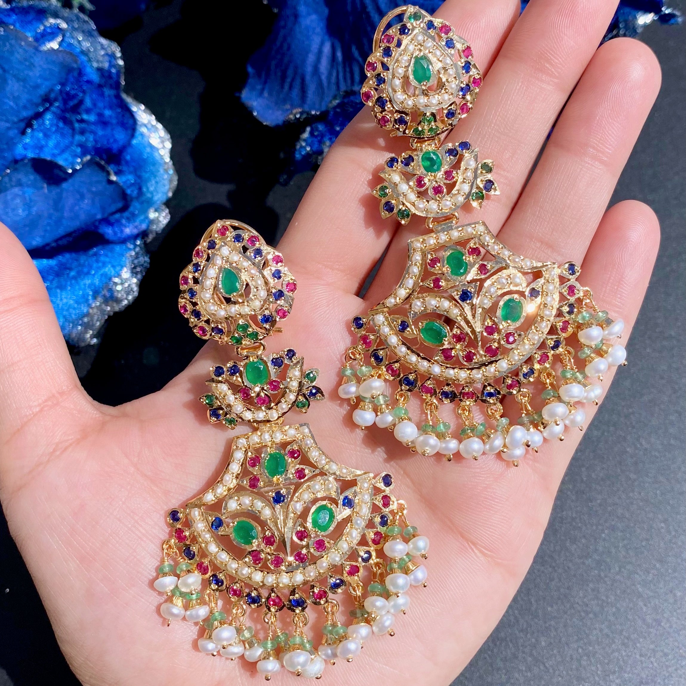 Multicolored Jadau Danglers | Gold Plated on Sterling Silver Base ER 684