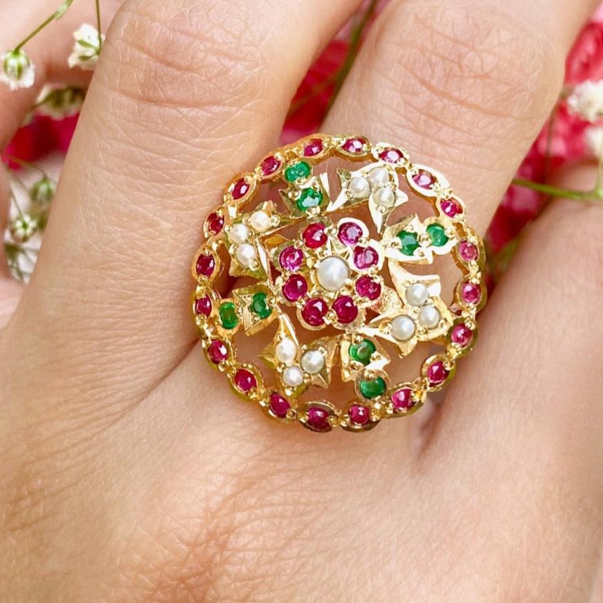 gold plated ruby emerald ladies ring