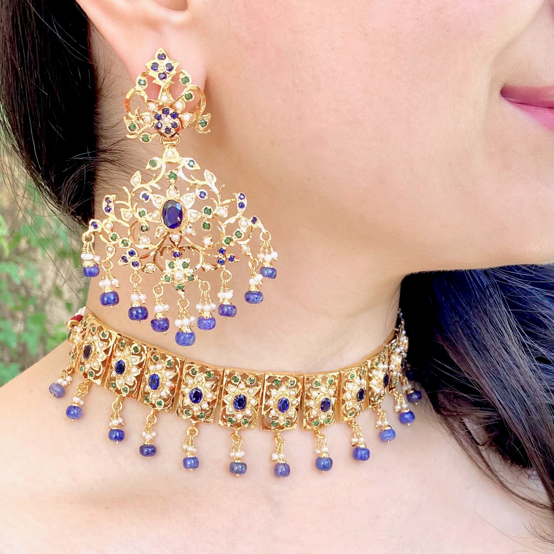 Blue Sapphire Choker Set | Gold Plated Silver Jewelry Online NS 470