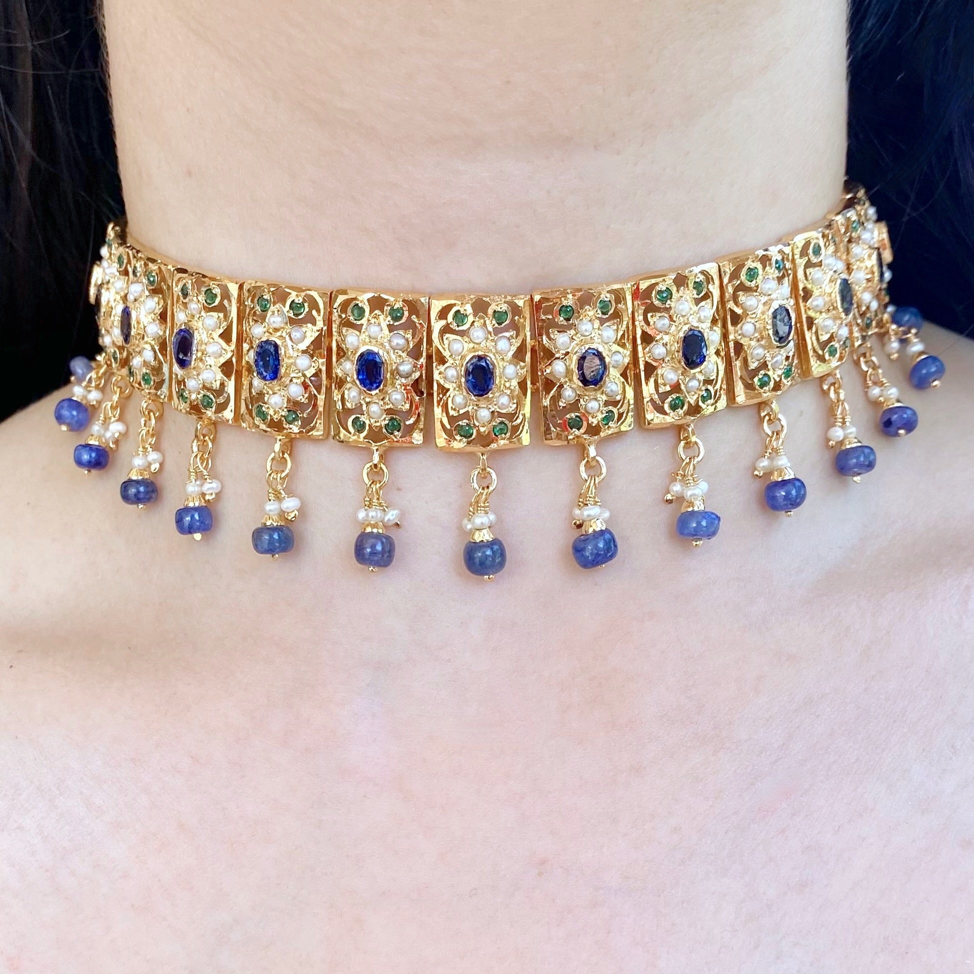 Blue Sapphire Choker Set | Gold Plated Silver Jewelry Online NS 470