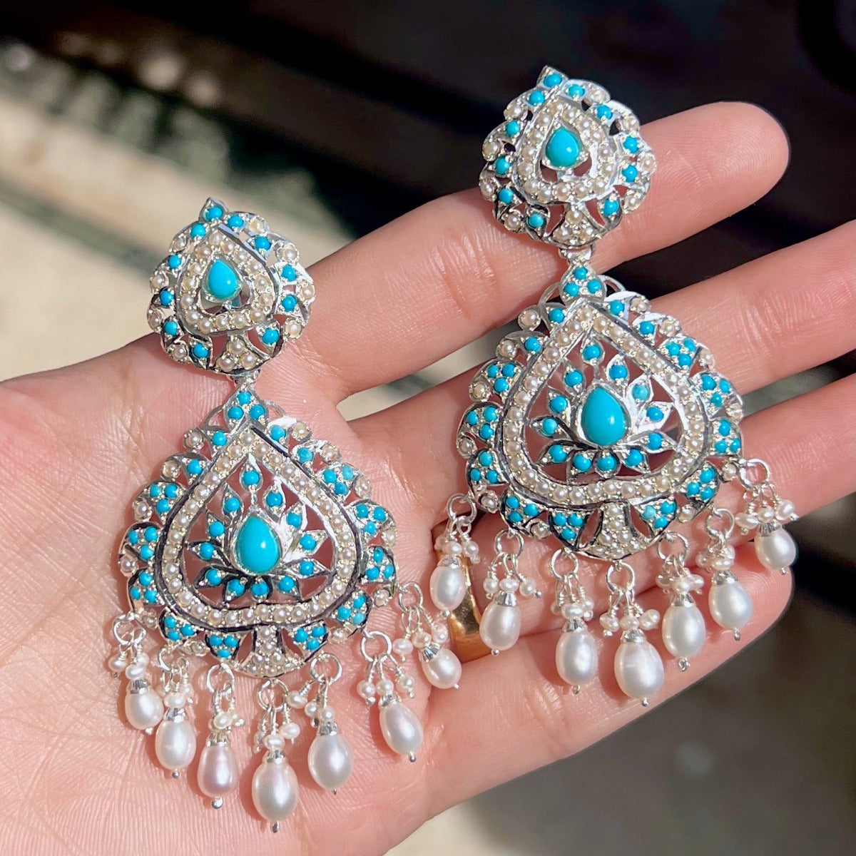 unique white silver earrings with seed pearls and turquoises