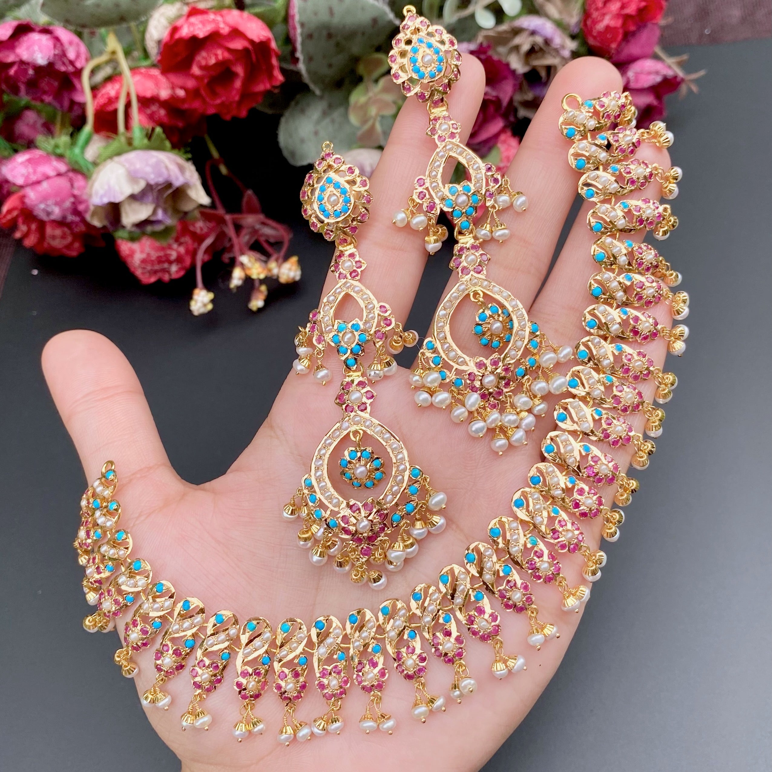 22 carat rajasthani gold set with long danglers design