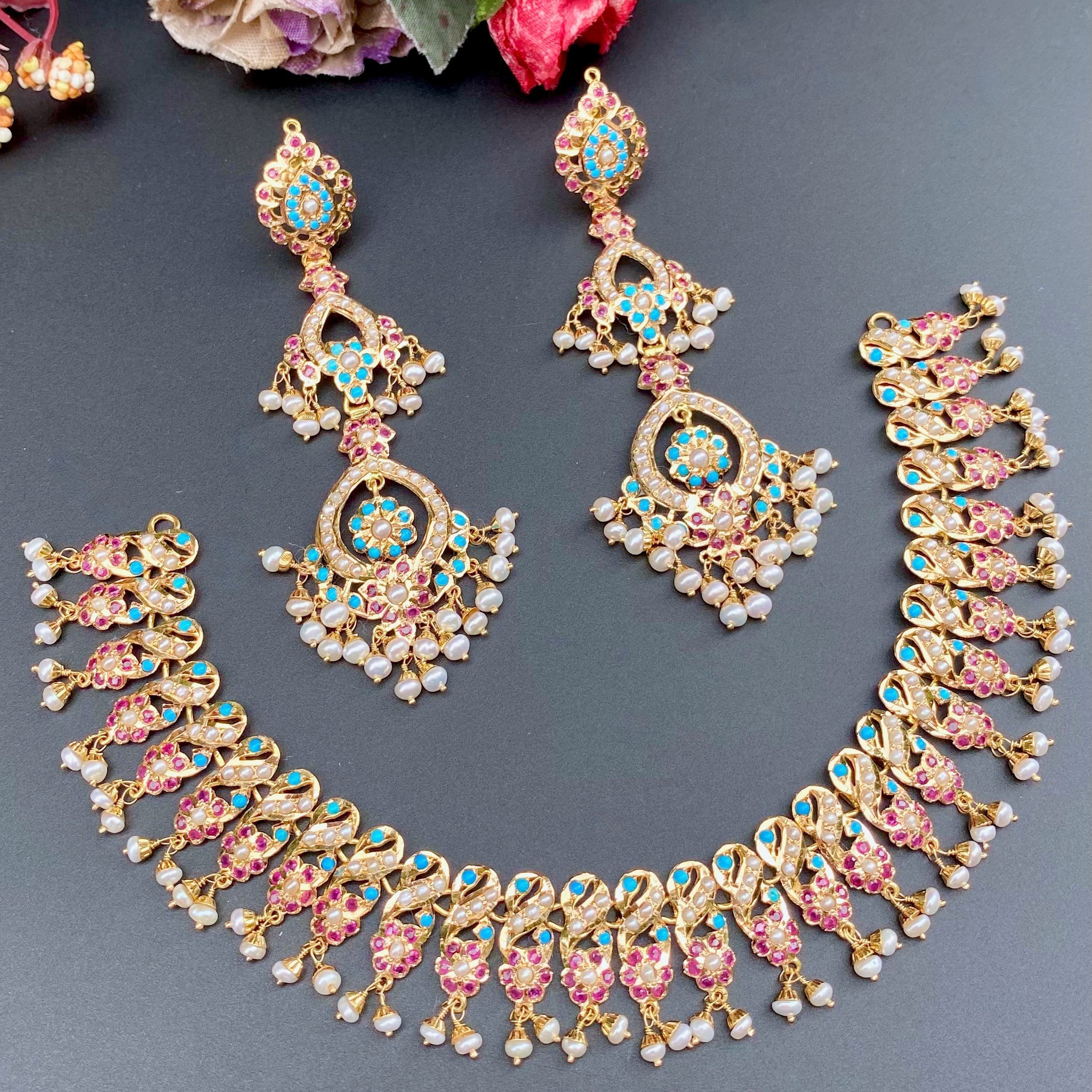 22k rajputi gold necklace set with long three step earrings studded with pearls ruby and feroza
