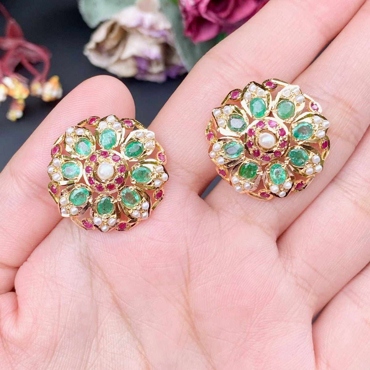 real gold jarau studs with real emeralds in round shape under 1 lakh