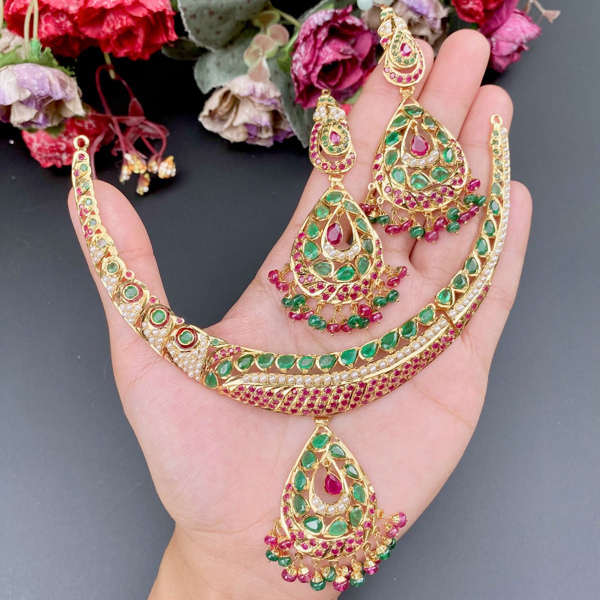 22 carat gold necklace with earrings with ruby emerald pearl under 4 lakh