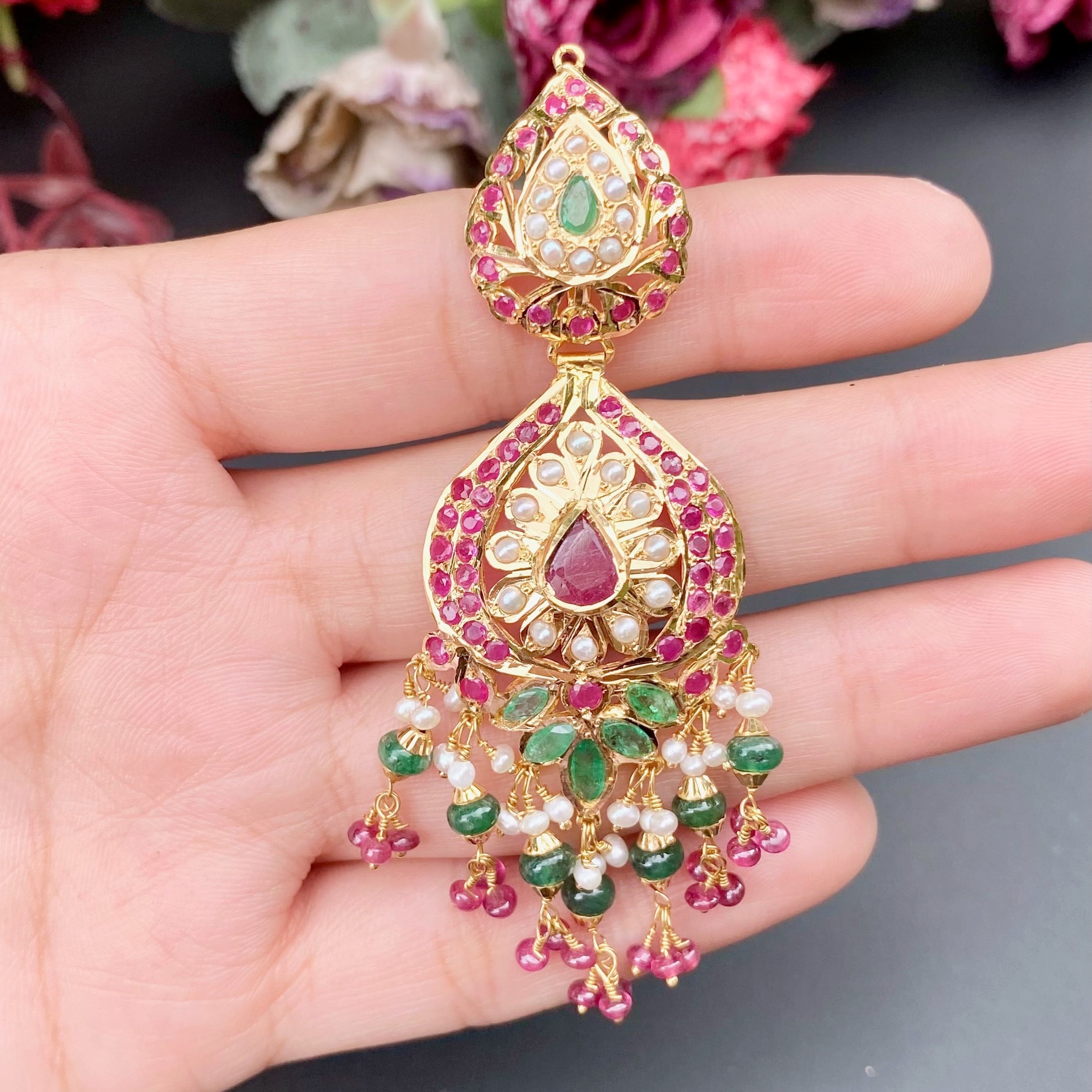 gold earrings with ruby emerald tanishq