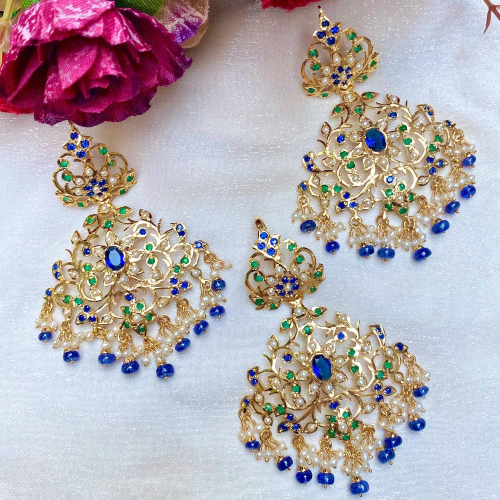 mughal design blue sapphire earrings with gold plating