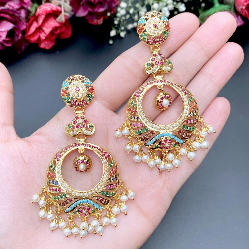 Gold Plated Navratan Chandbalis | Sterling Silver with Gold Plating ER 411B