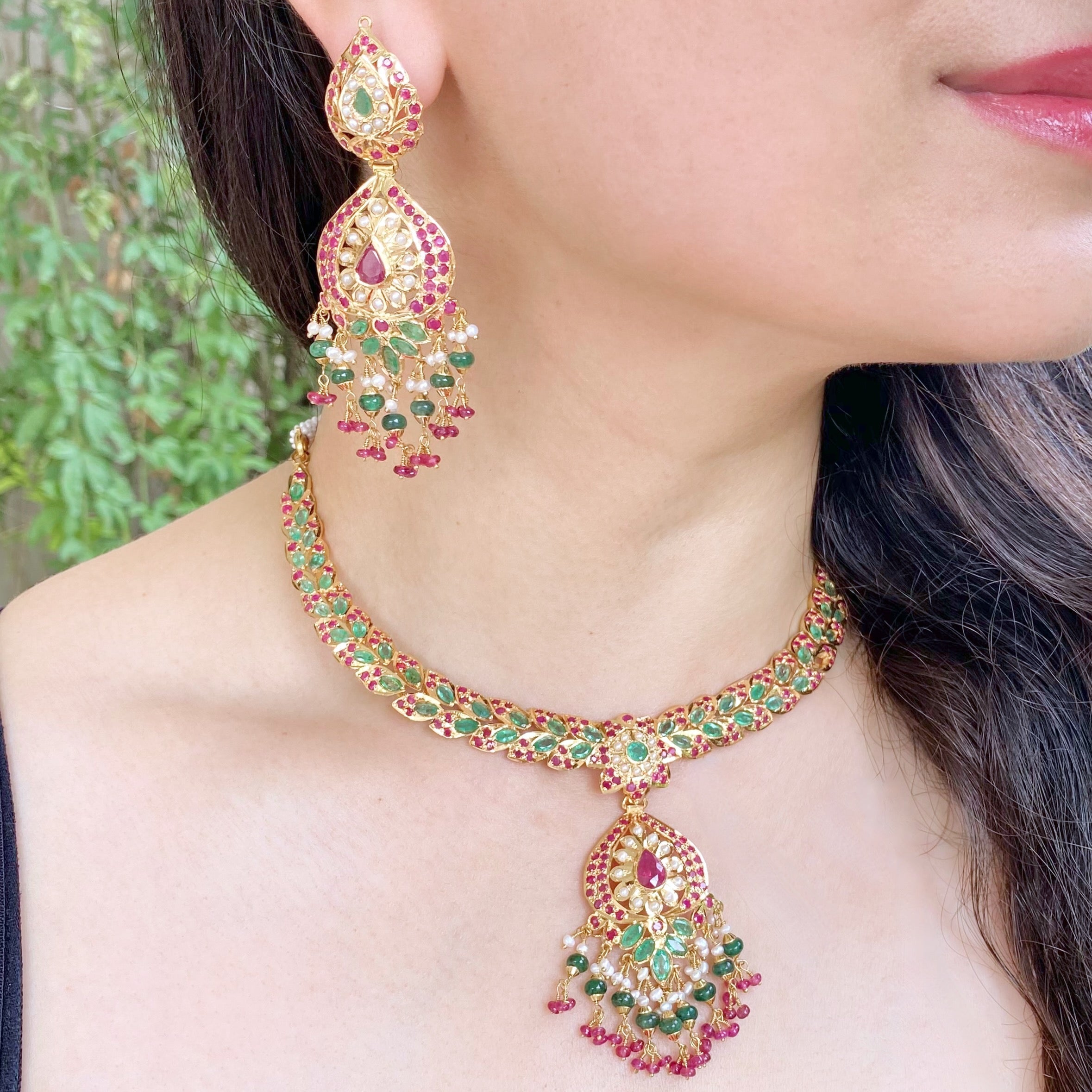 real gold jarau set for rajasthani bride with ruby emerald