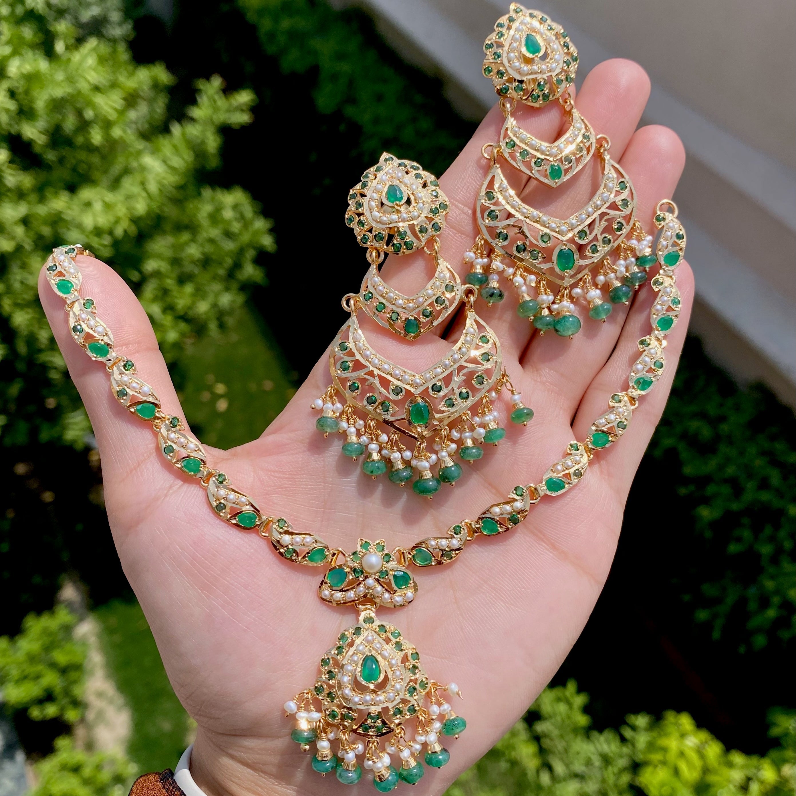 Gold Plated Emerald Green Necklace Set | Sterling Silver NS 378A