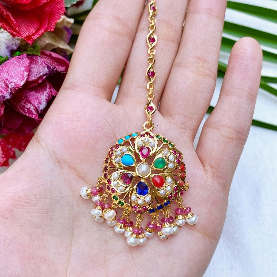 navratan maang tikka gold plated silver