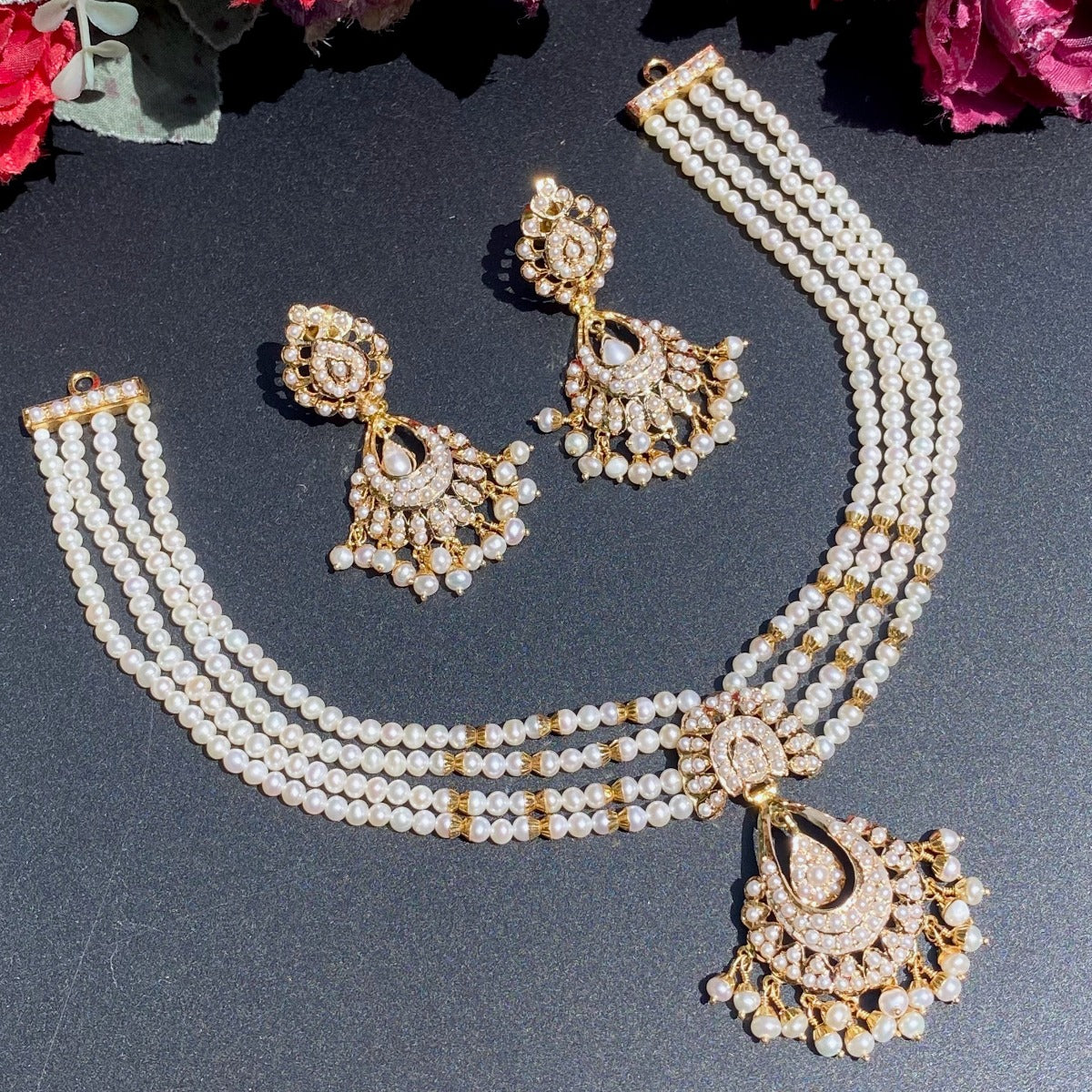 All Pearls Mala Necklace Set in 22ct Gold GNS 037