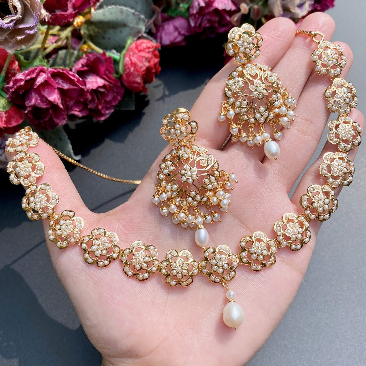 Delicate Floral Gold Plated Pearl Necklace Set NS 212