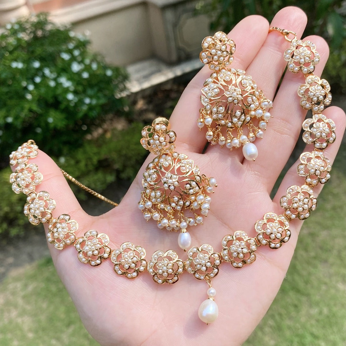 Gold Plated Pearl Necklace Set   Jadau on Silver   Real Pearls