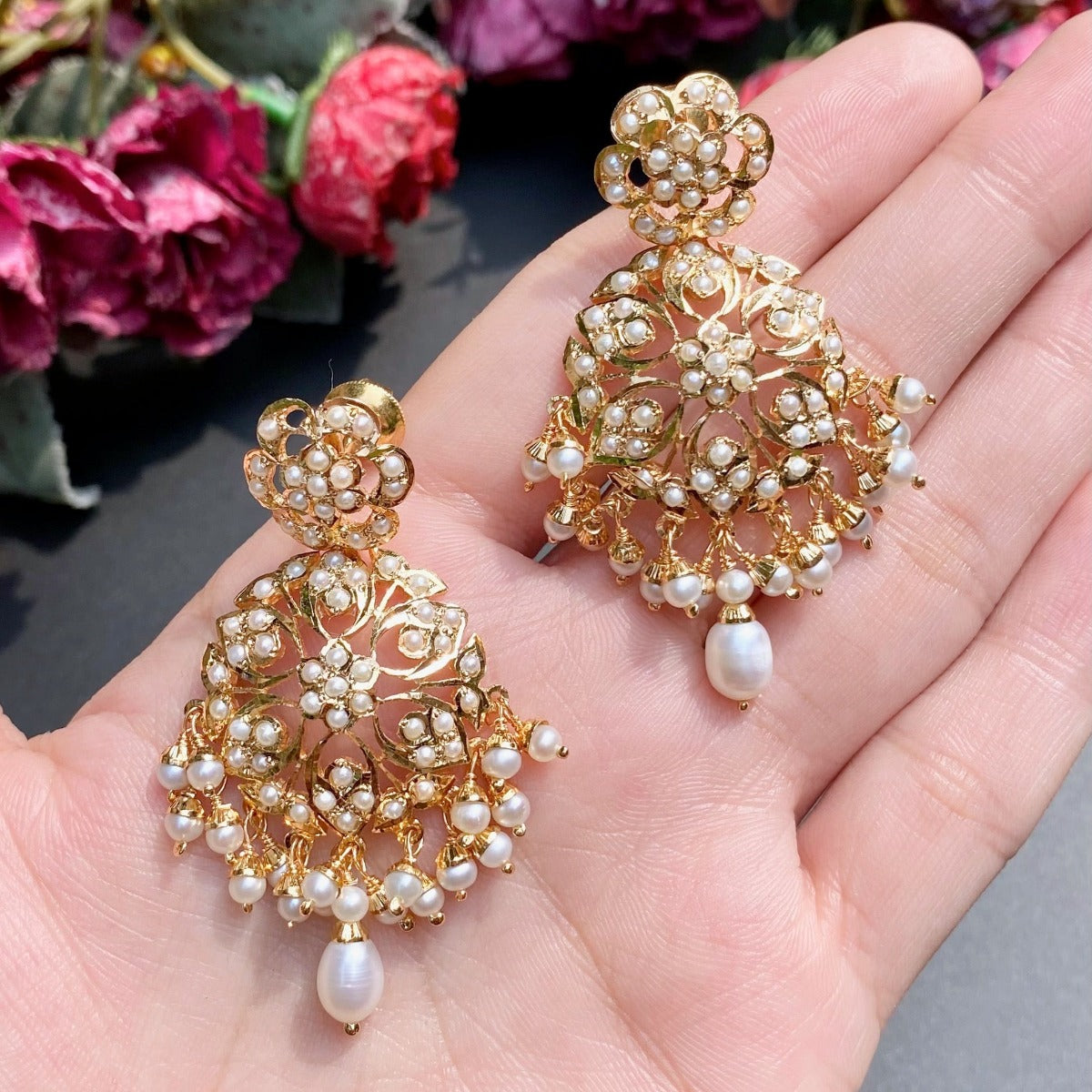 classy party wear pearl earrings in silver with gold plating