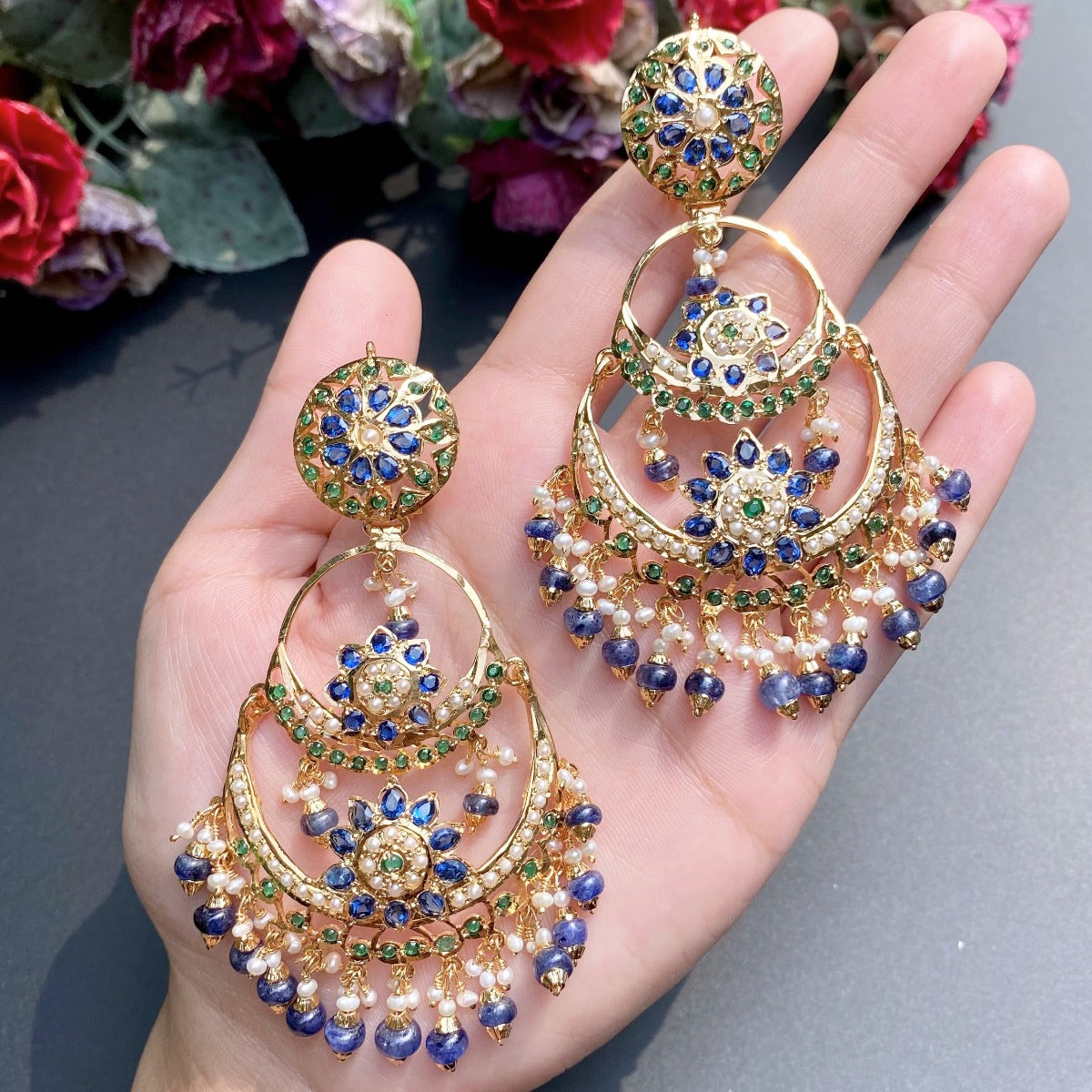 blue sapphire chandbali earrings