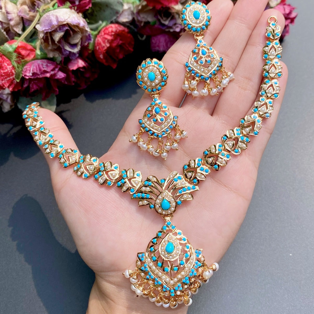 Pearl and Turquoise Gold Plated Necklace Set NS 214