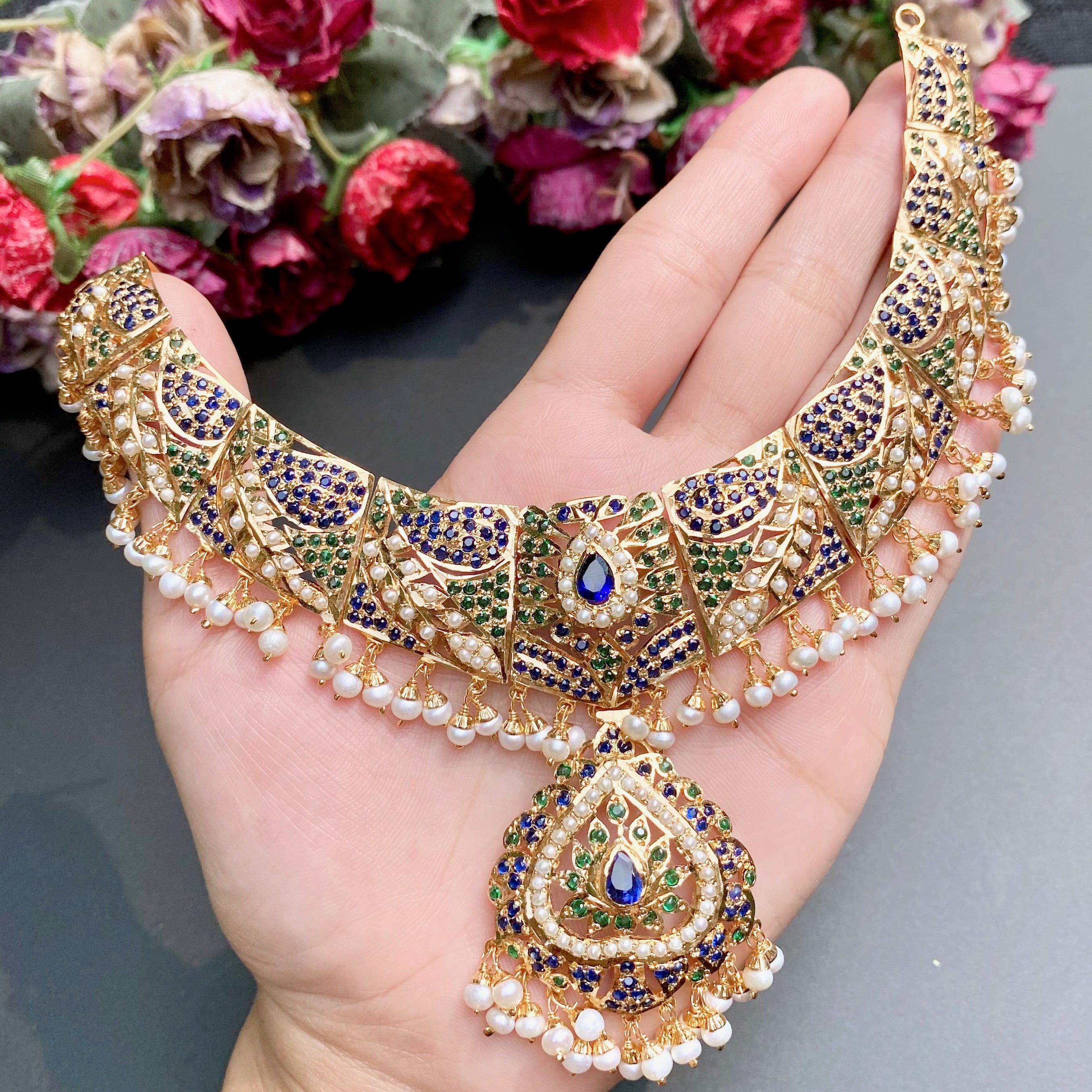 Sapphire Emerald Gold Plated Jadau Necklace NS 215