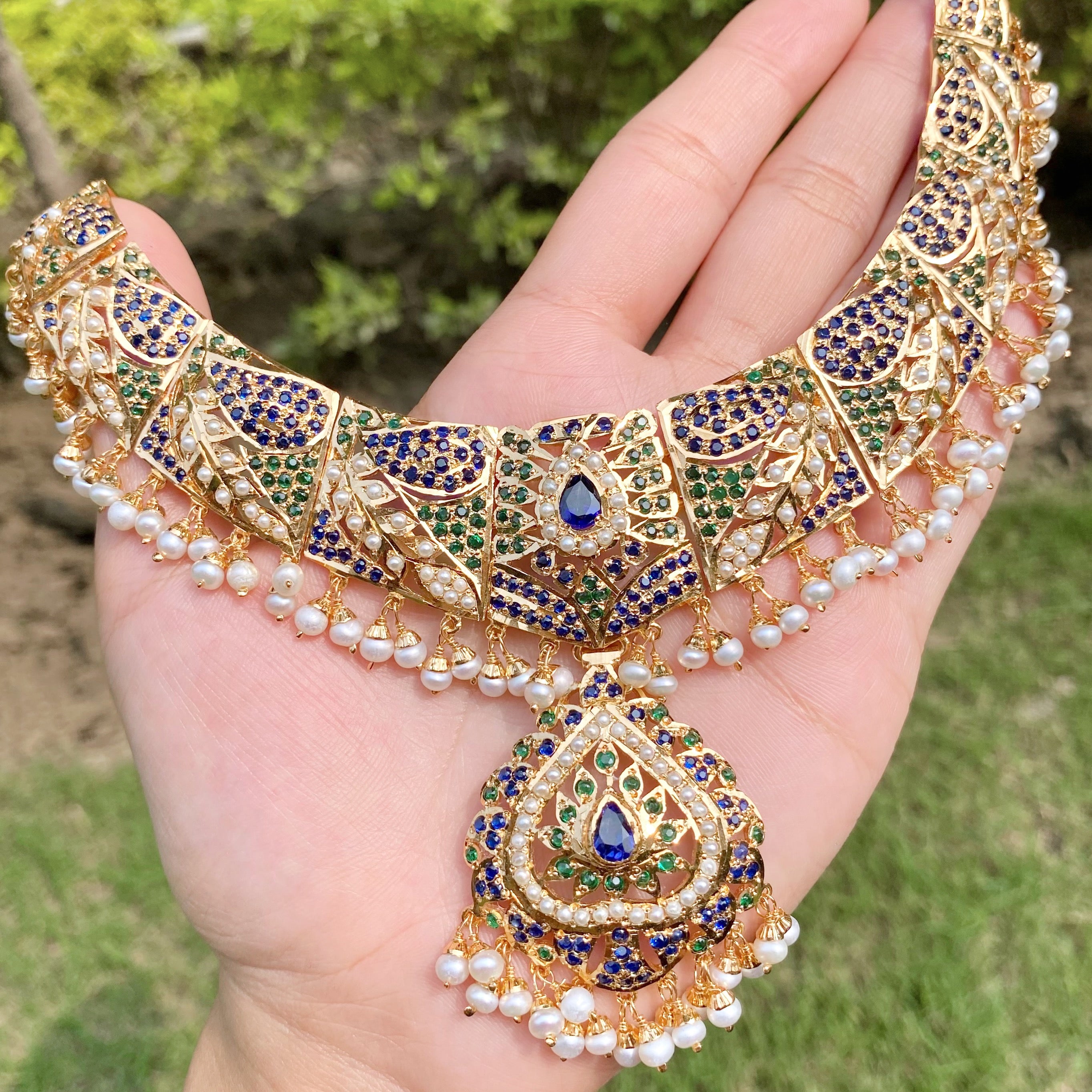 Sapphire Emerald Gold Plated Jadau Necklace NS 215