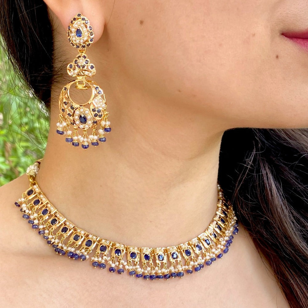 18k jadau necklace set studded with blue sapphires and pearls in gold