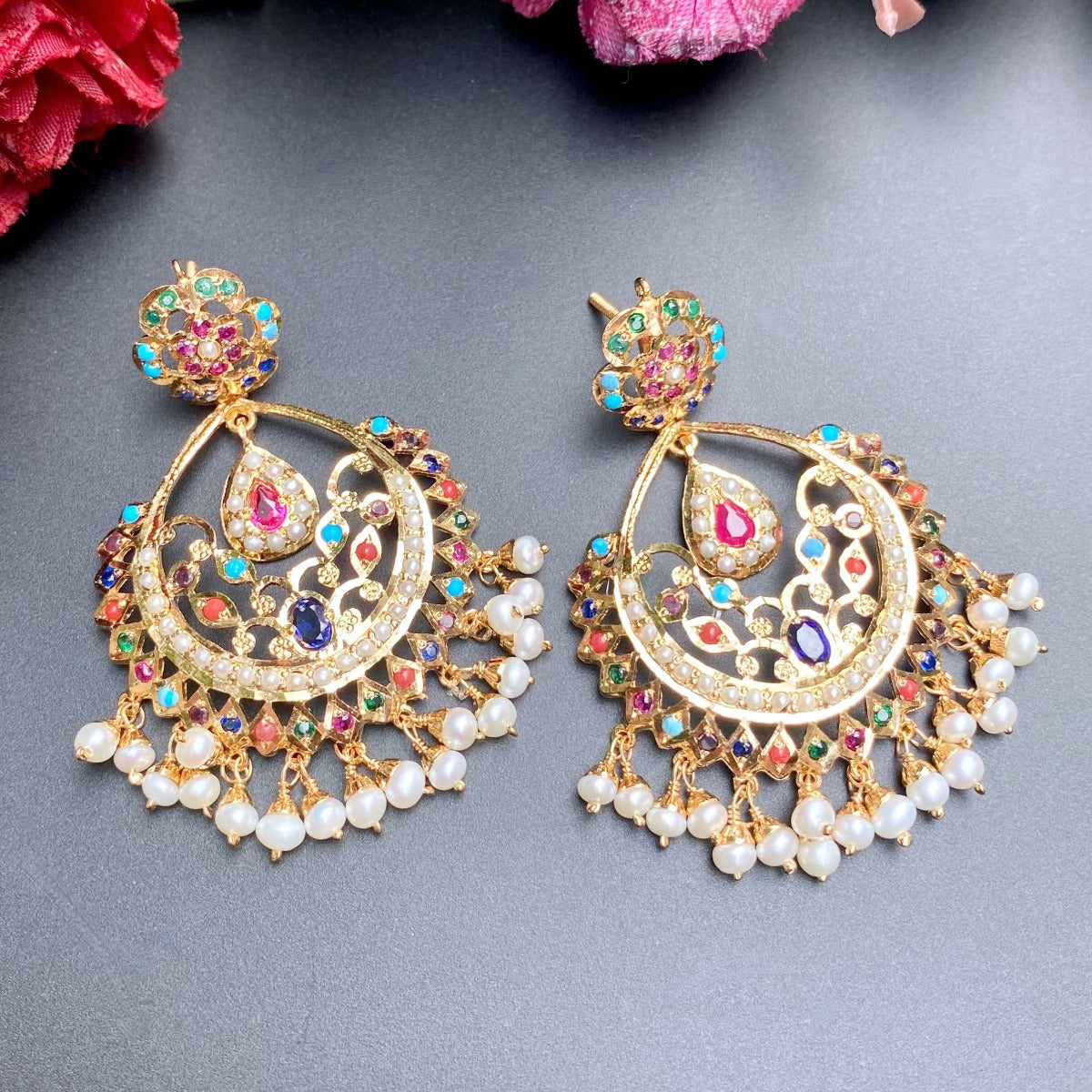 Navratna Chandbali Earrings for Women | Buy Jadau Earrings Online ER 216E
