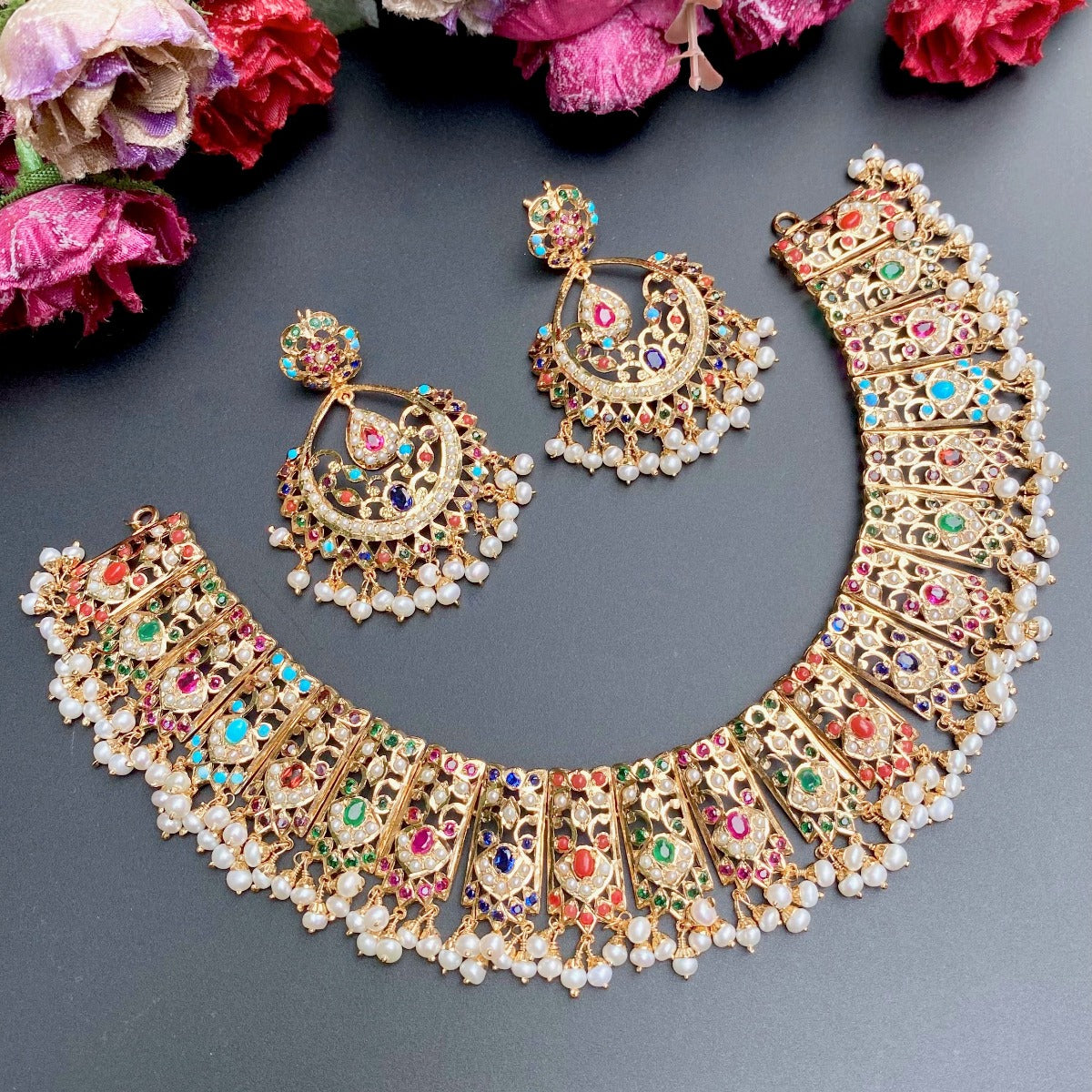 bridal wear navratna necklace with chandbali earrings on gold plated silver