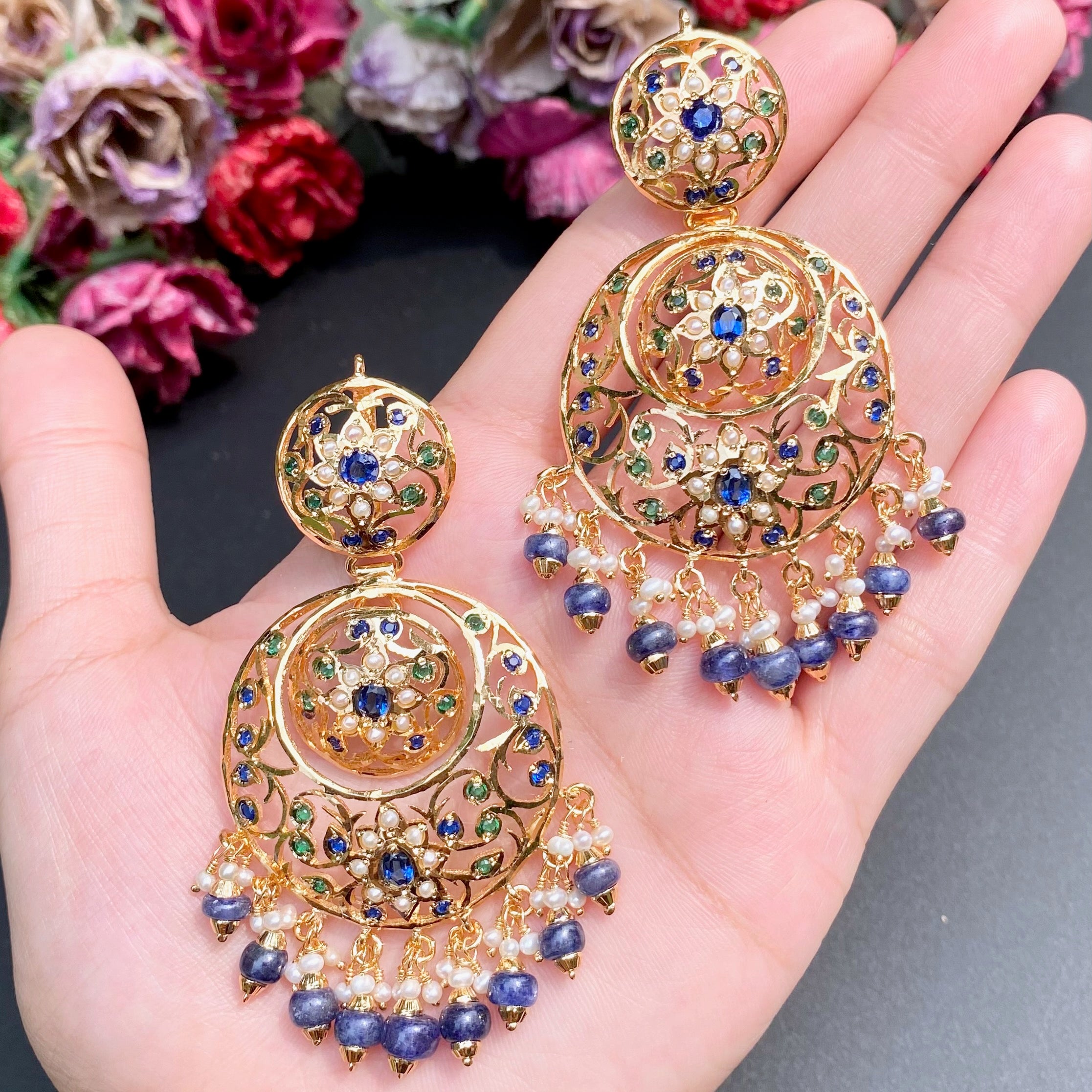 Buy Pink And Peach Gold-Plated Kundan And Pearls Jhumka Earring With Hair  Chain Online - KARMAPLACE — Karmaplace