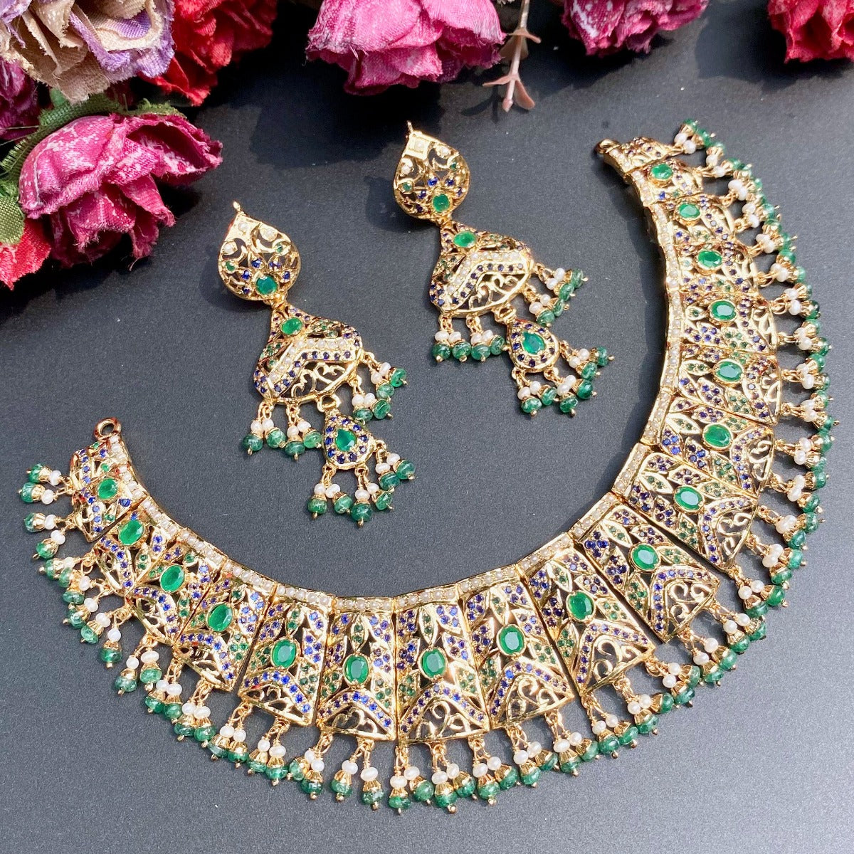 Gold Plated Jadau Necklace Set | Freshwater Pearls & Emerald Hanging Beads NS 218