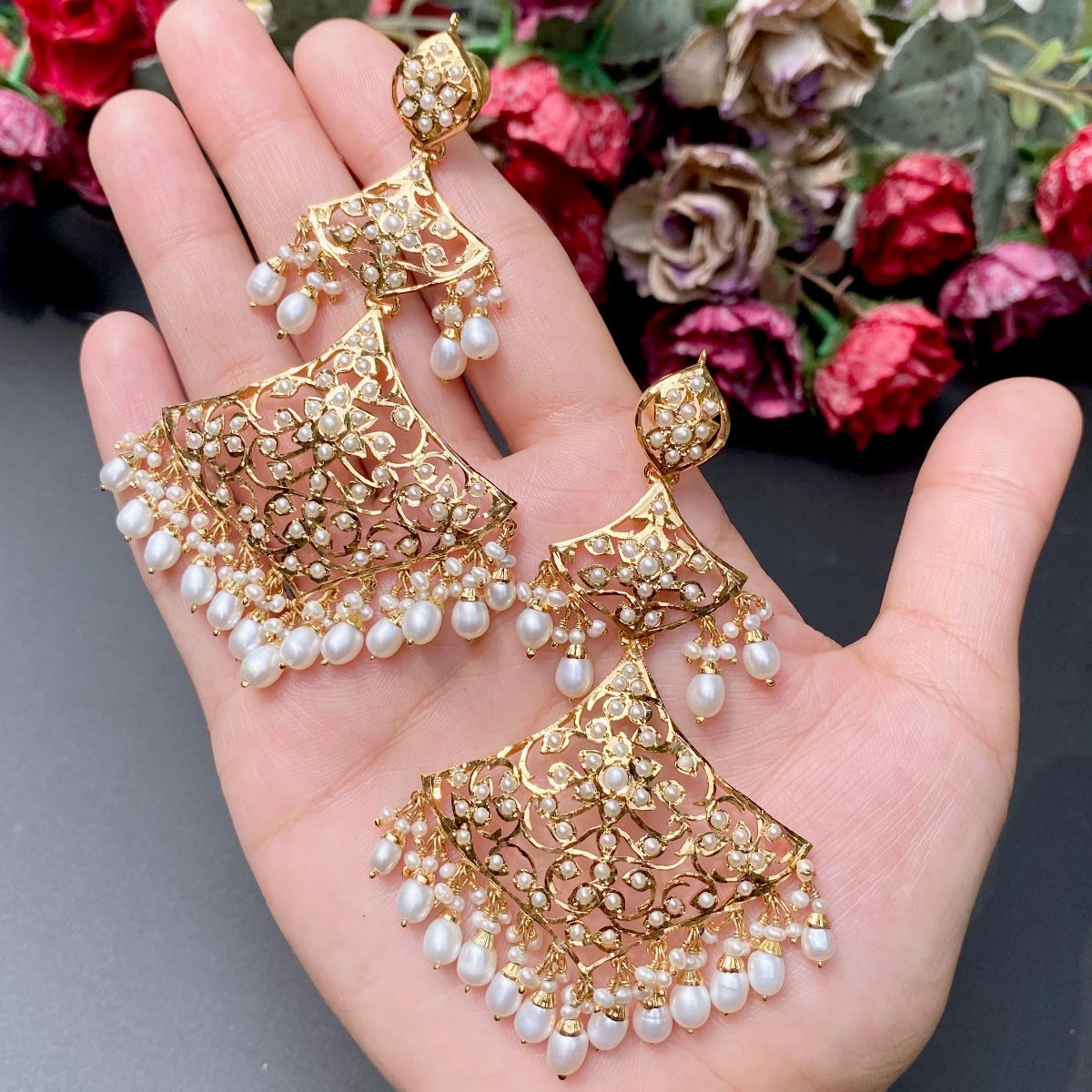 gold plated jadau earrings on silver with pearls
