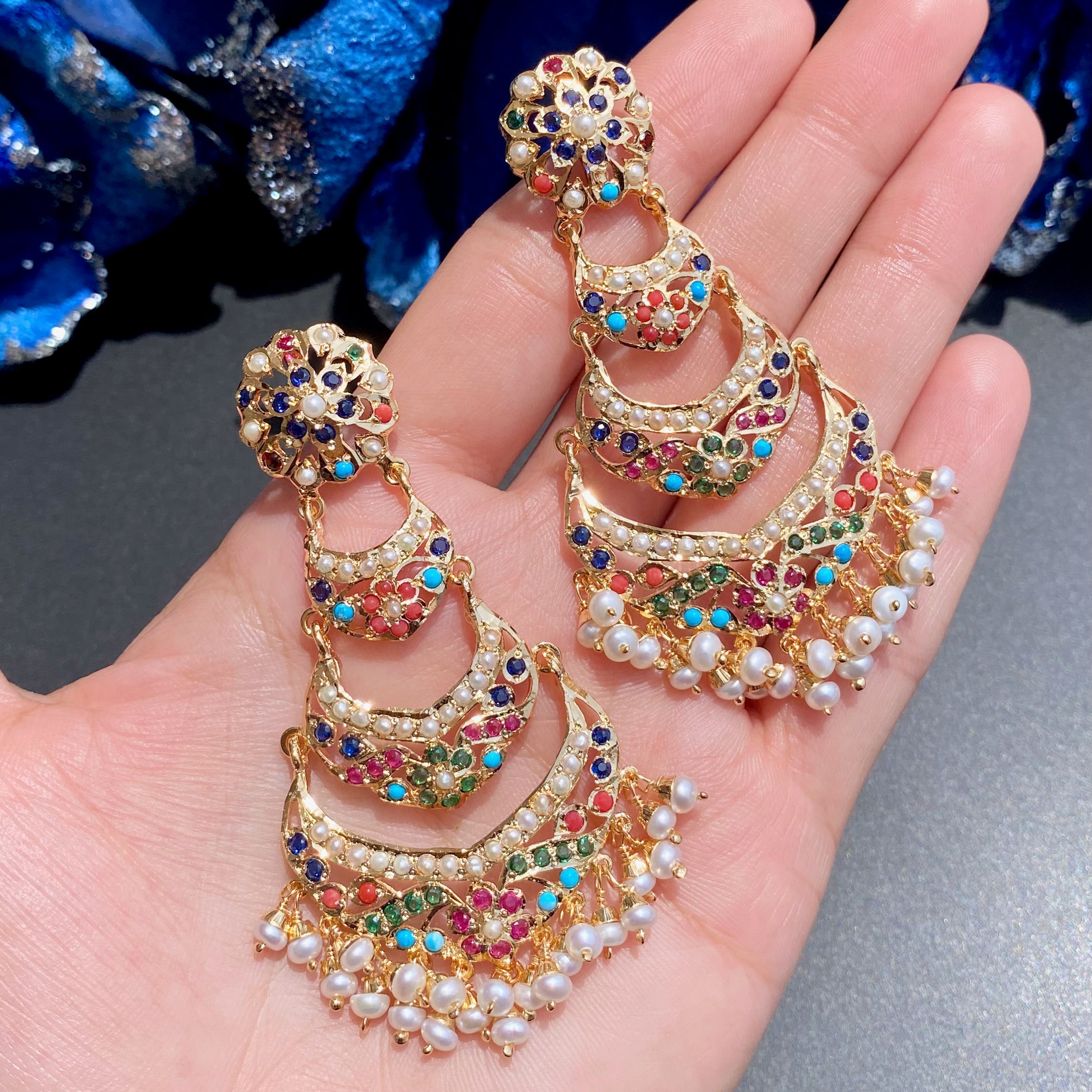 Long Navratna Danglers | Heritage Punjabi Jadau Jewelry | Gold Plated on Silver