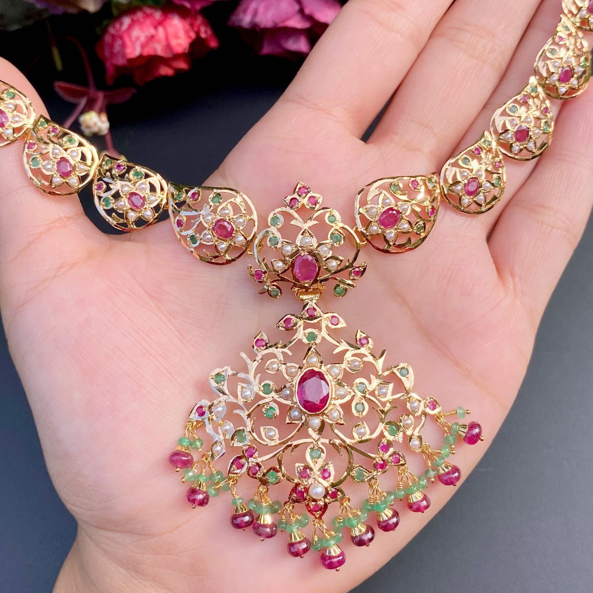 Elegant Ruby Emerald Peal Necklace Set in 22 Carat Gold GNS 219