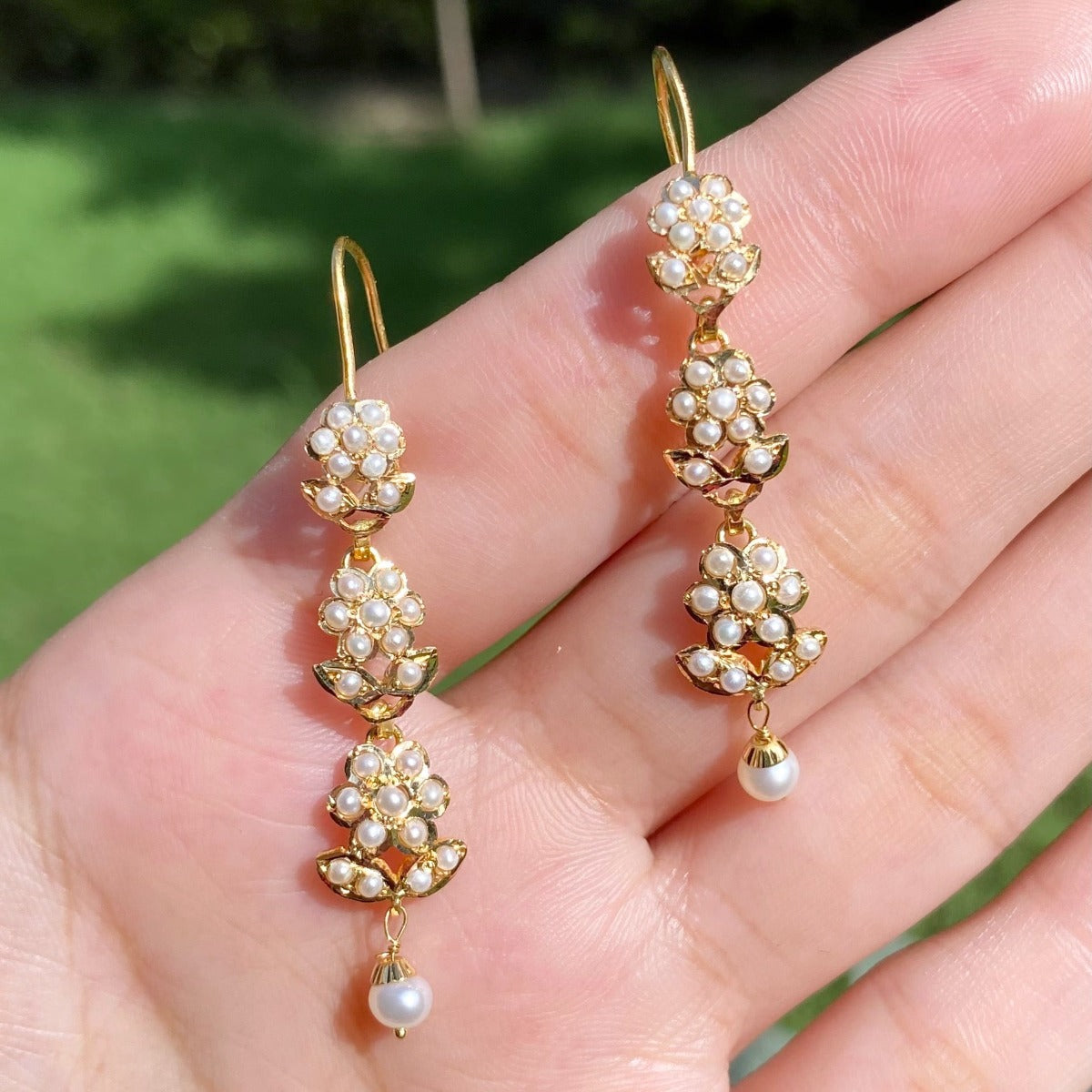 Classic Button and Drop Pearl Gold Earrings. | Mangatrai Pearls & Jewellers