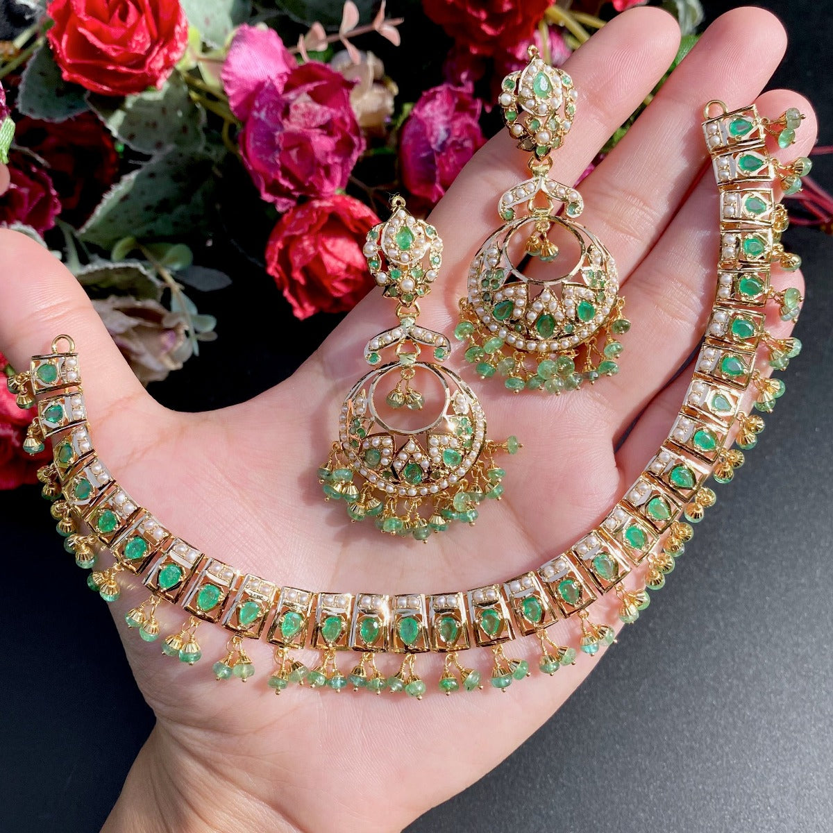 emerald necklace with chandbali earrings in 22k gold
