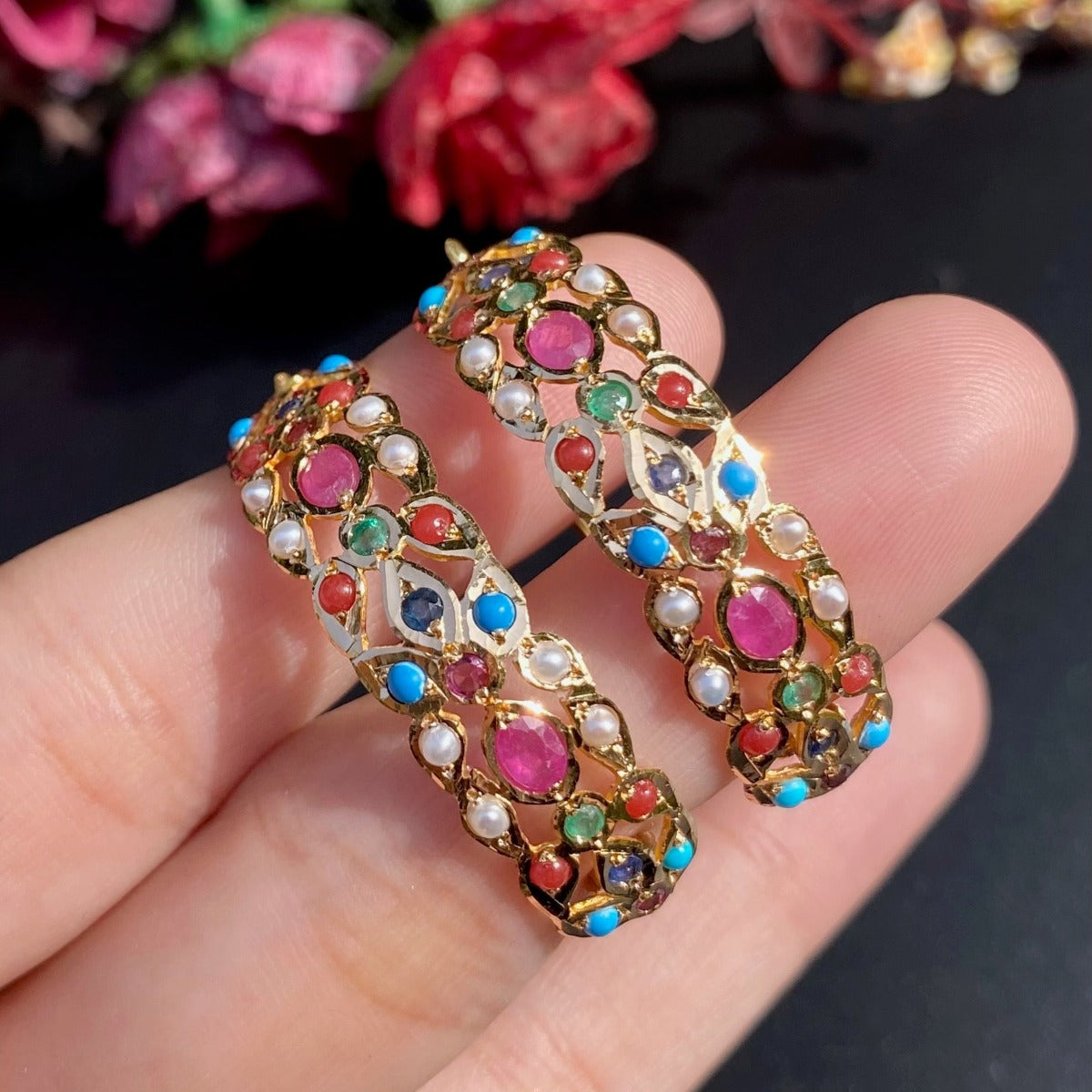 dainty rajasthani navratna hoop earrings in 22k gold