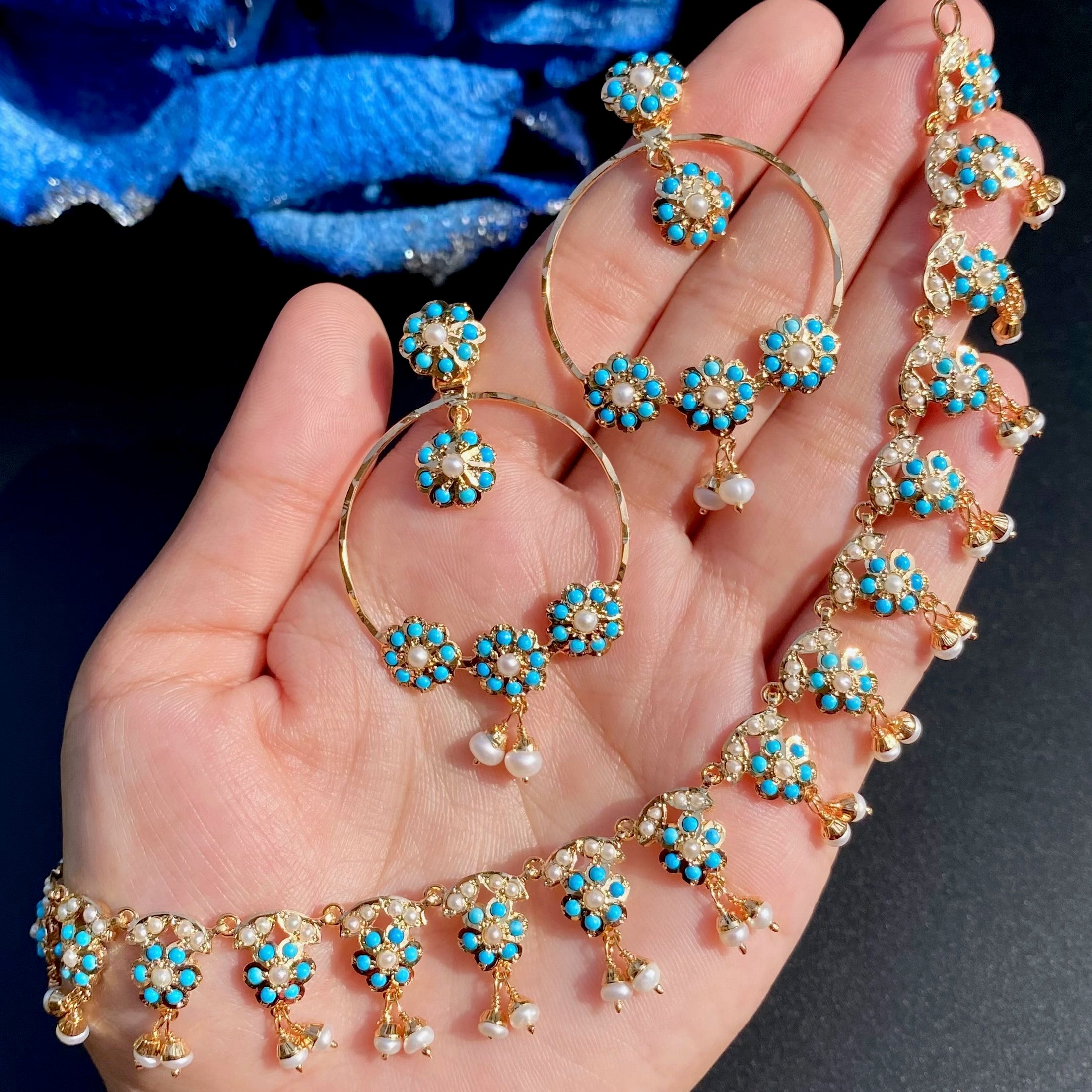 Turquoise Pearl Bracelet and Ring Jewelry Set for Women Gold store Plated