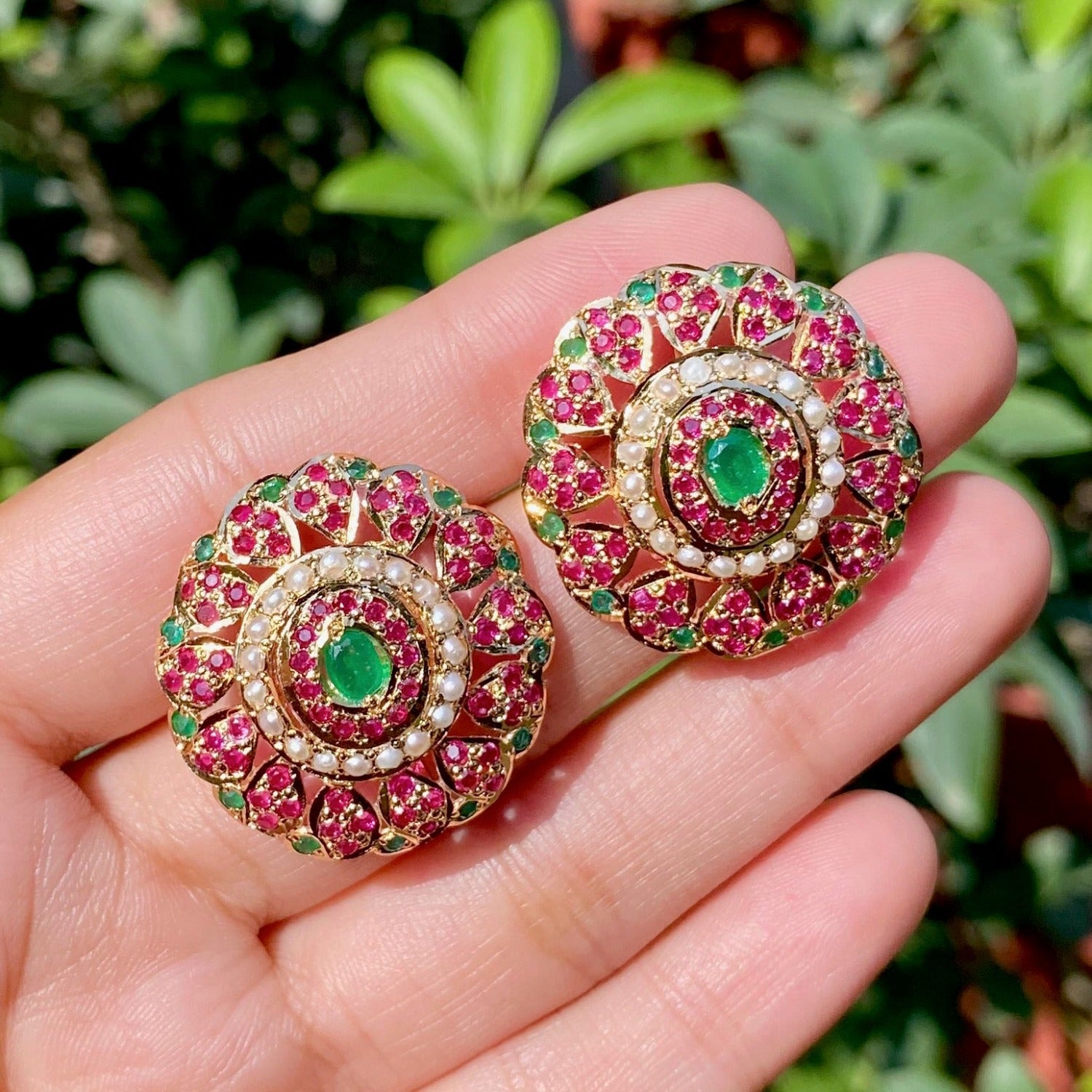 ruby emerald stud earrings on silver with gold plating