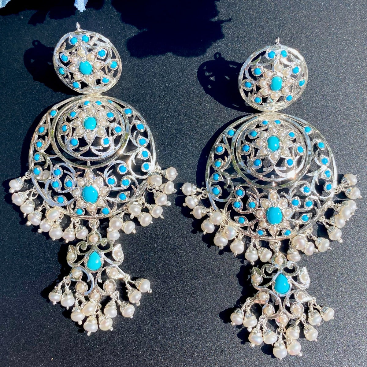 turquoise danglers on silver with pearls