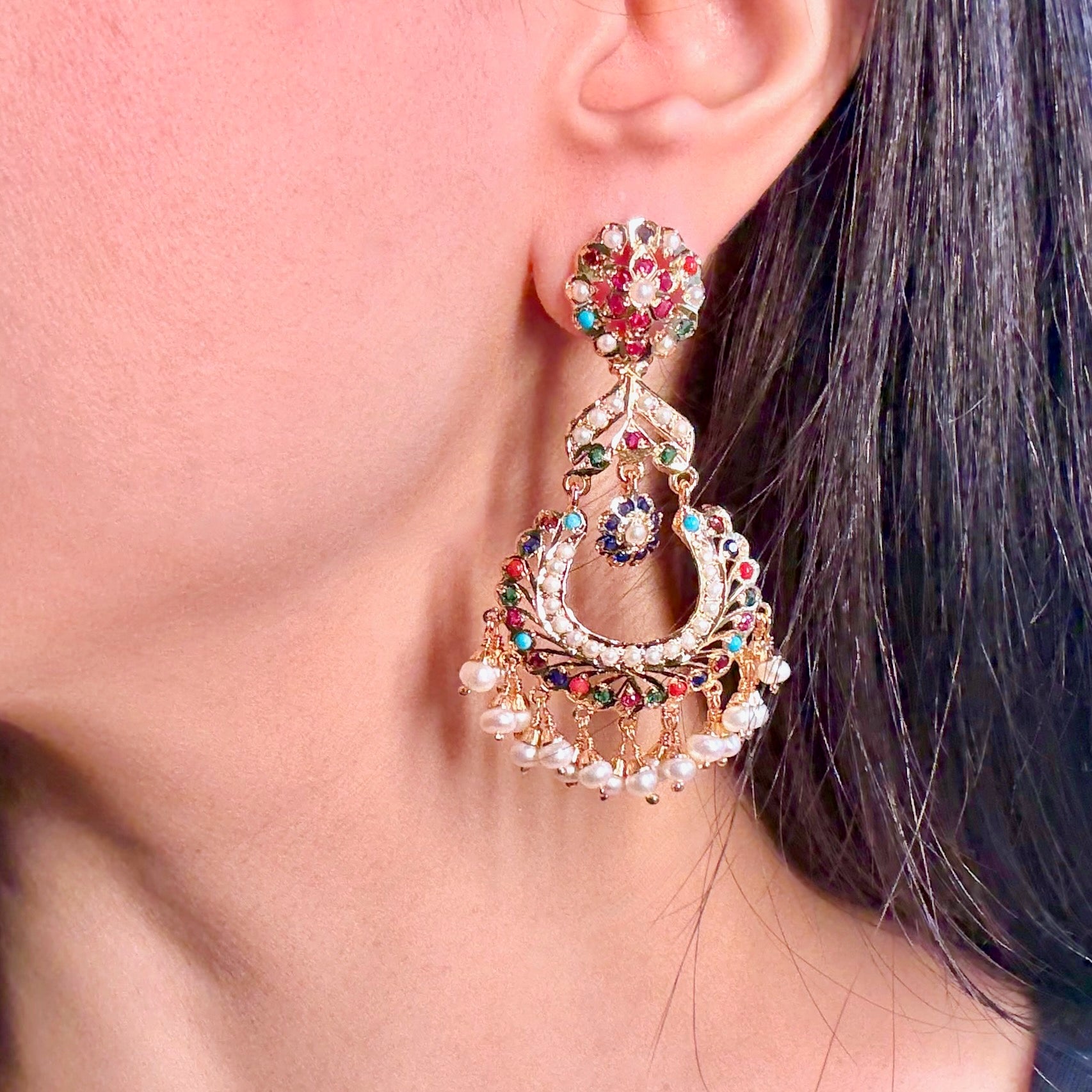 Long Navratna Chandbali Earrings | Sterling Silver with 22K Gold Plating ER 628