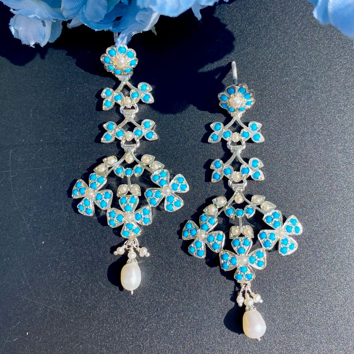 white silver earrings with pearls and turquoise